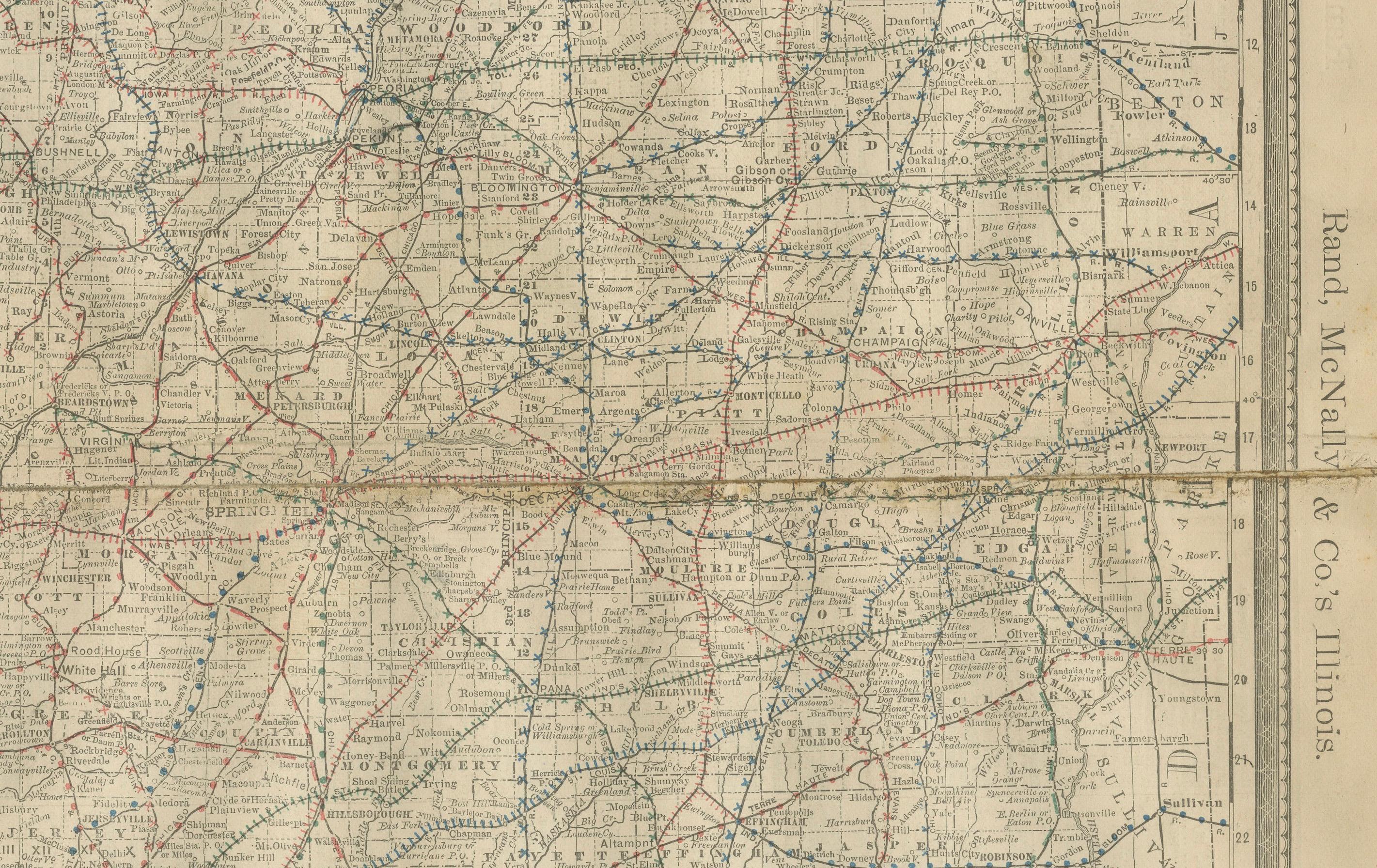 Carta Mappa antica dettagliata dell'Illinois - Ferrovie, città e contee, 1888 in vendita