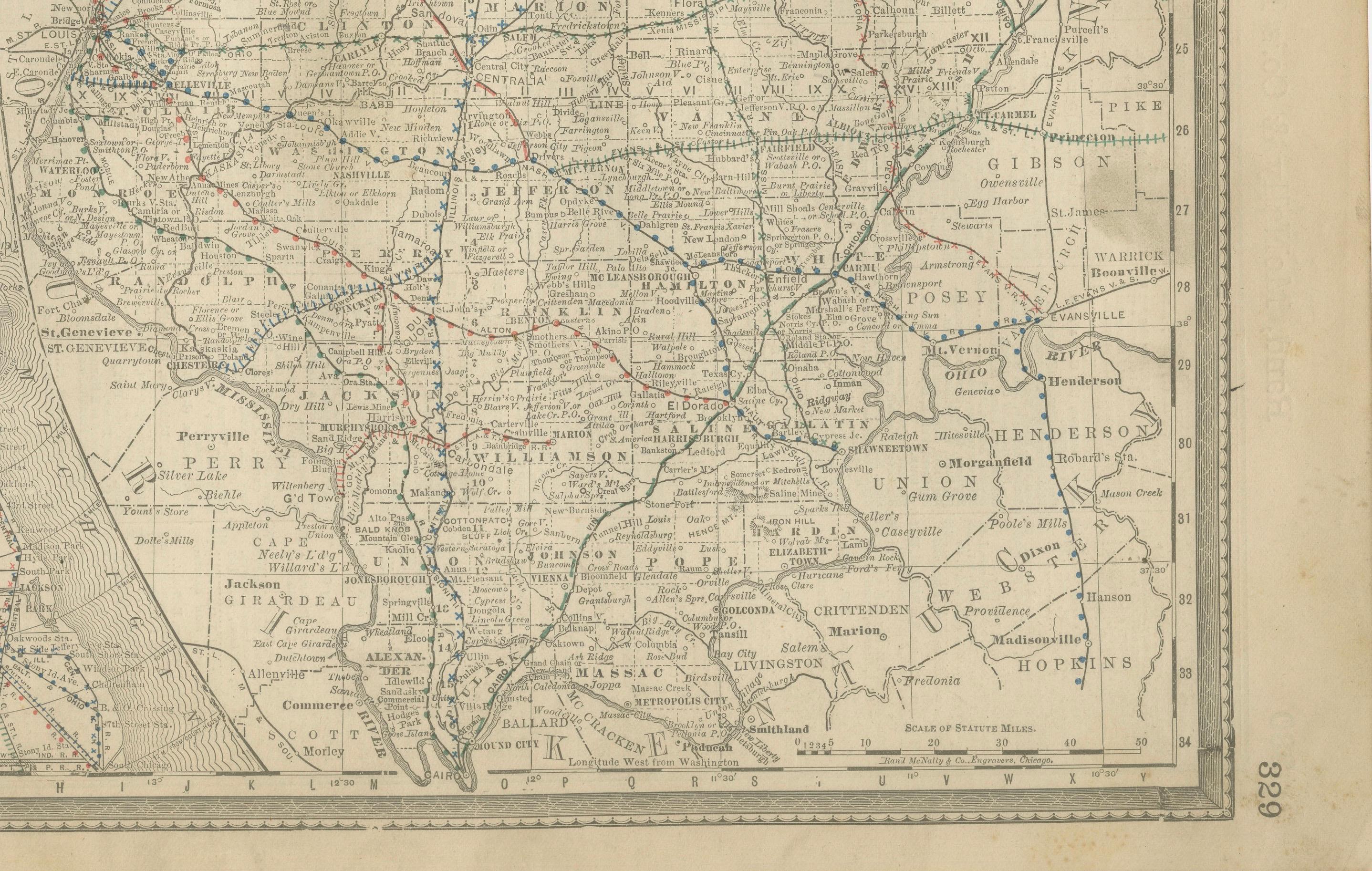 Mappa antica dettagliata dell'Illinois - Ferrovie, città e contee, 1888 in vendita 1