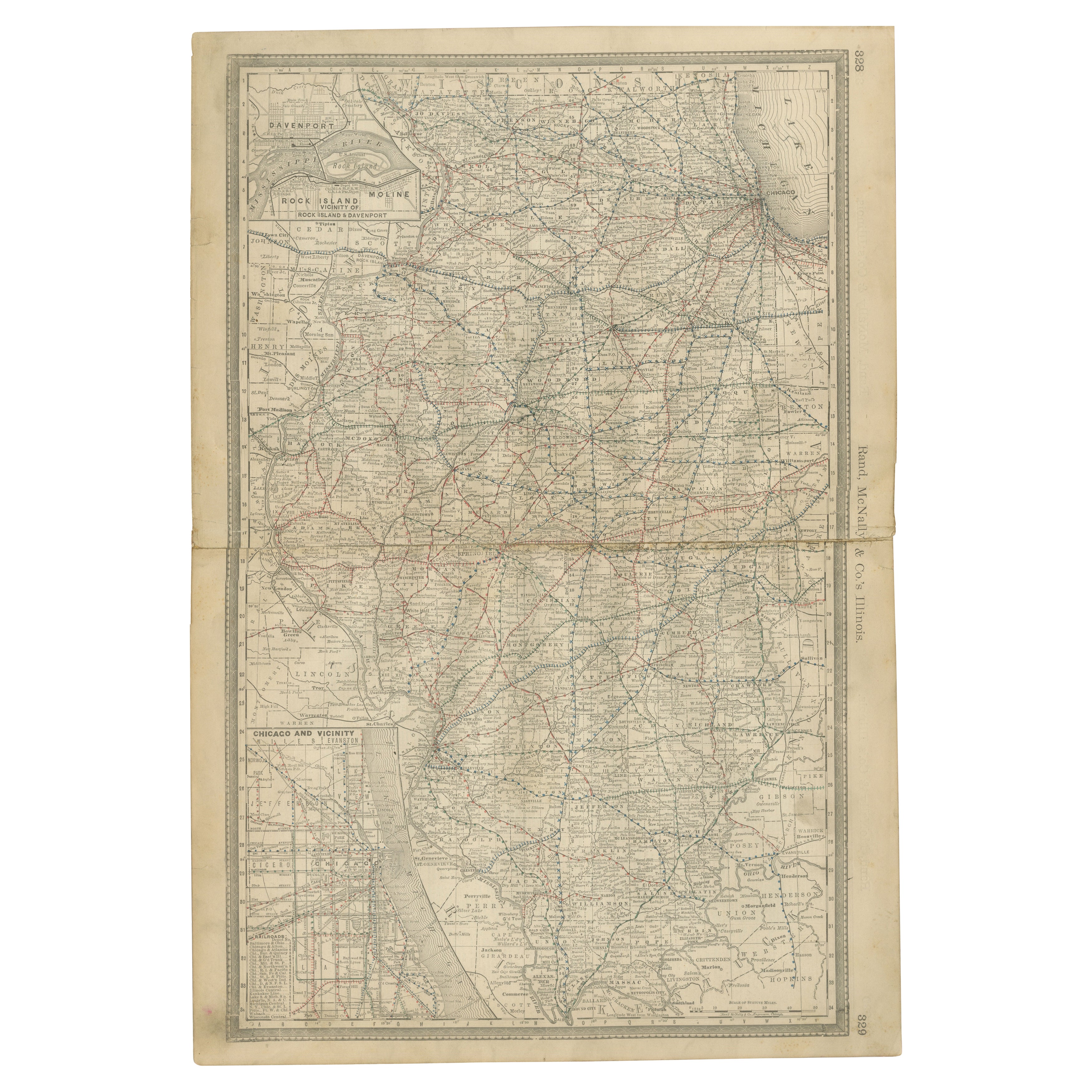 Mappa antica dettagliata dell'Illinois - Ferrovie, città e contee, 1888