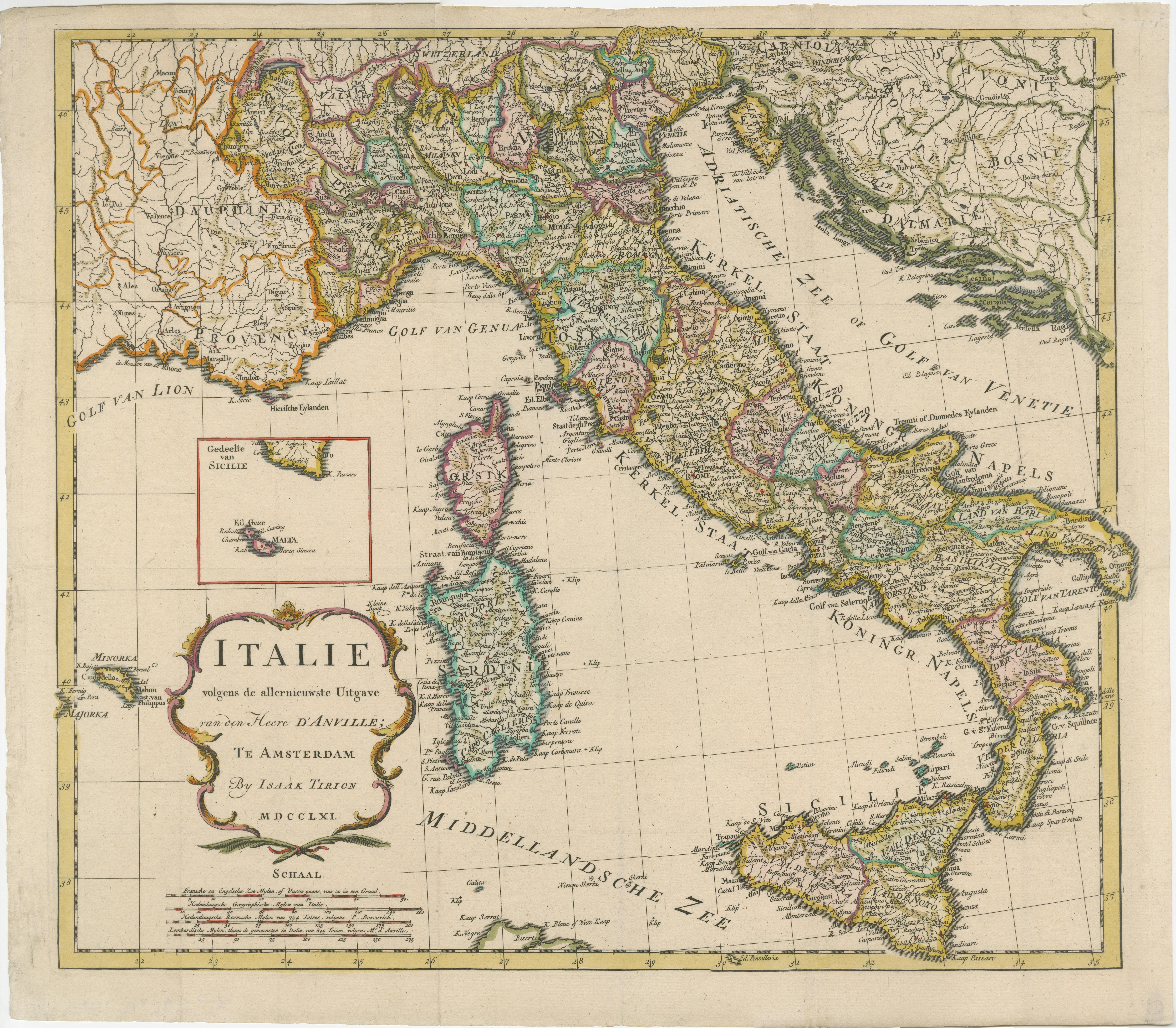 Antike Karte mit dem Titel 'Italie volgens de allernieuwste Uitgave van den Heere d'Anville'. Sehr detaillierte antike Karte, basierend auf D'Anvilles bedeutender Karte von Italien. Die Karte erstreckt sich auf Sizilien, Korsika, Sardinien und