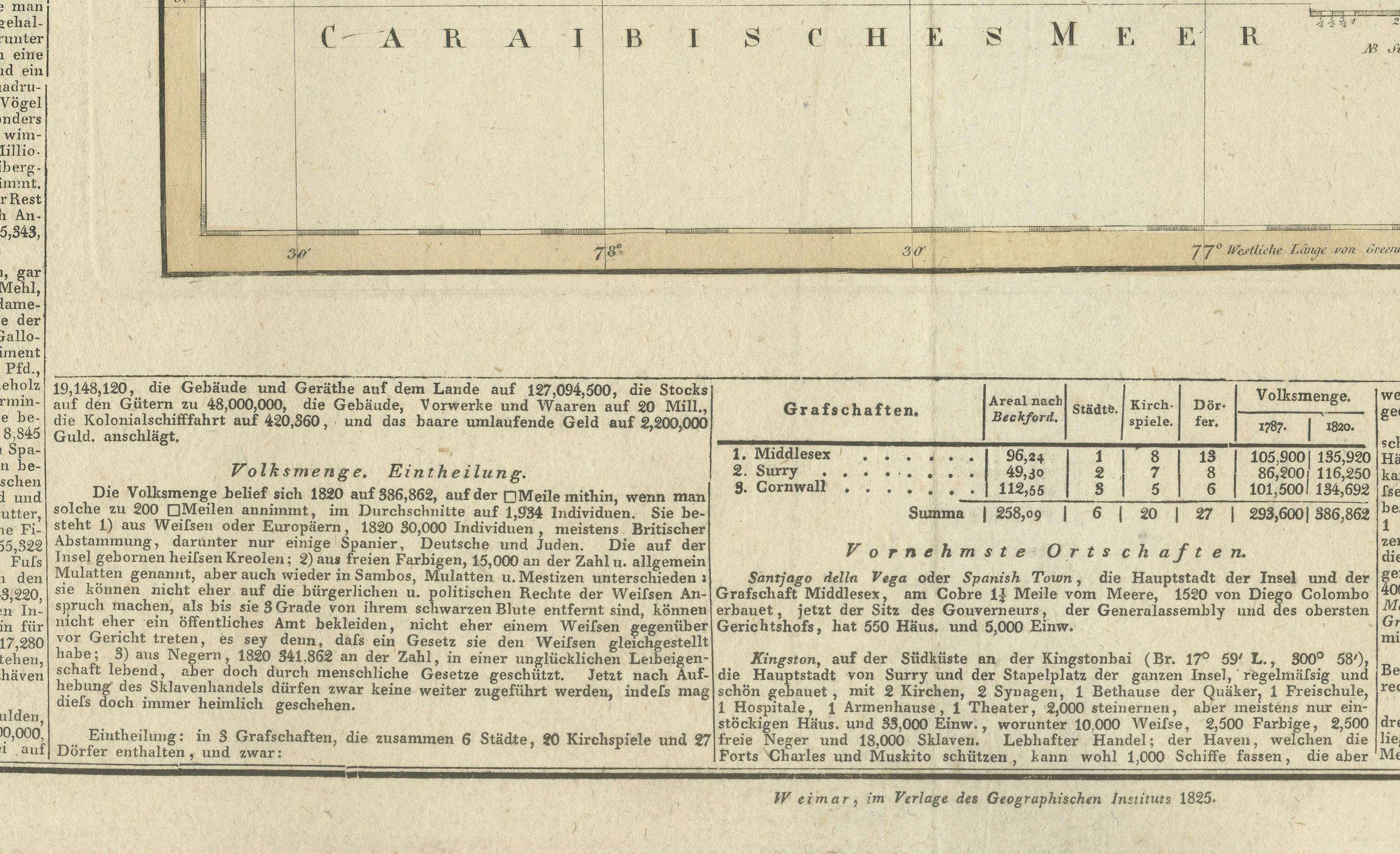 Début du XIXe siècle Carte ancienne du Jamaïque publiée à Weimar, 1825 en vente