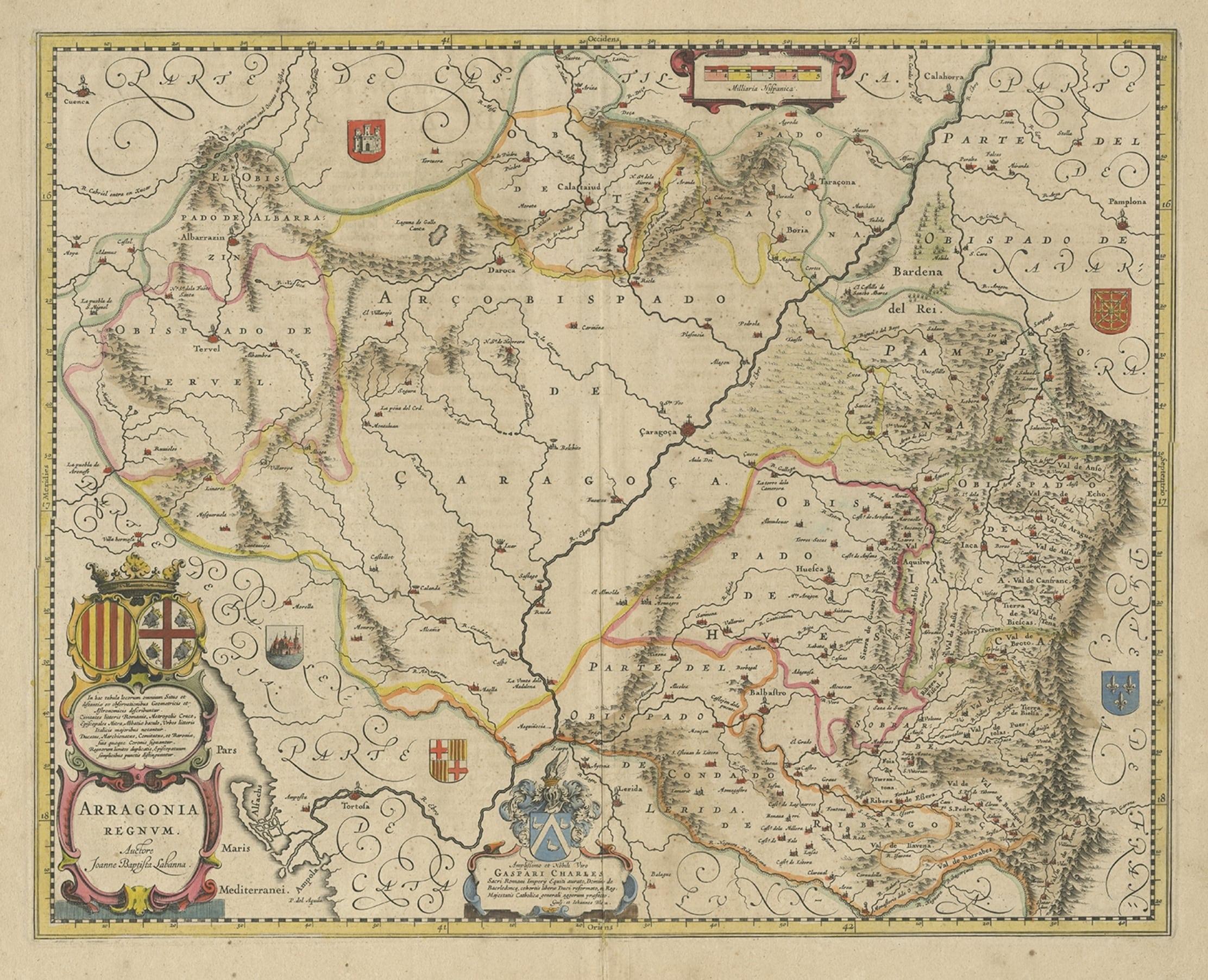 Antique map titled 'Arragonia Regnum'. 

Detailed map of northern Spanish region of Aragon. The map is centered on the city of Zaragoza, aka, Saragossa. Shows towns, rivers, castles, mountains, etc. 

Artists and Engravers: Willem Janszoon Blaeu