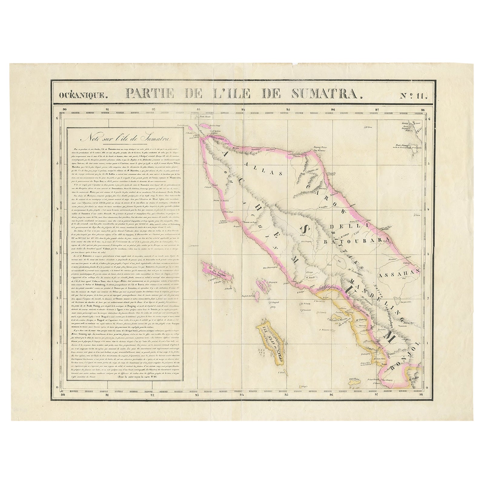 Mappa antica dettagliata di Sumatra settentrionale, Indonesia, 1825 ca.