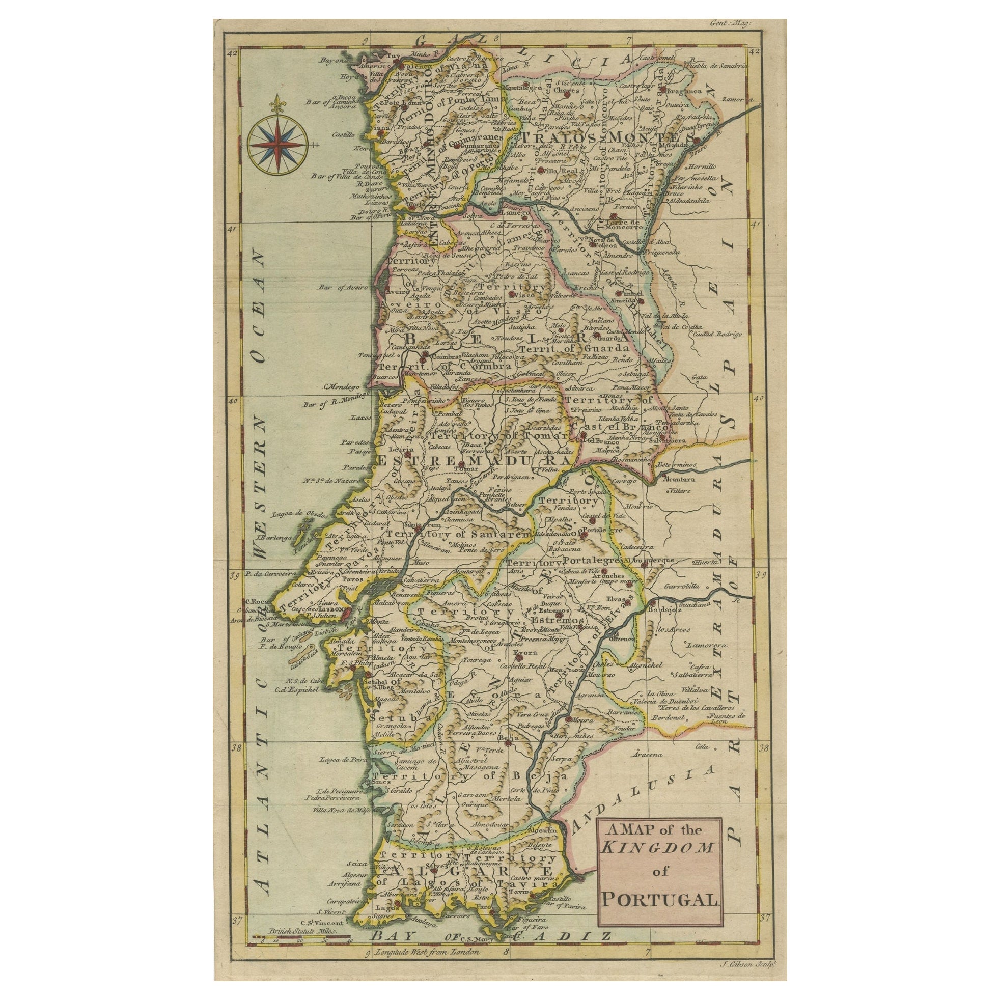 Mapa antiguo detallado de Portugal, publicado para el "Gentleman's Magazine", 1758