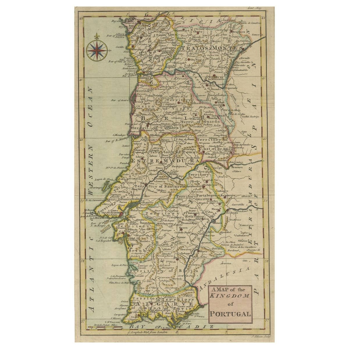 Detailed Antique Map of Portugal, Published for the 'Gentleman's Magazine', 1758