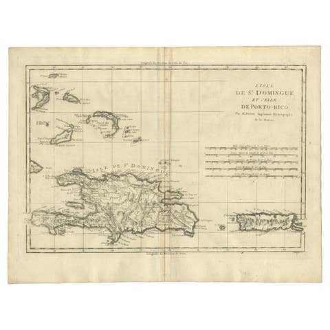 Detailed Antique Map of Santa Domingo, Puerto Rico, Eastern Bahamas, ca. 1780