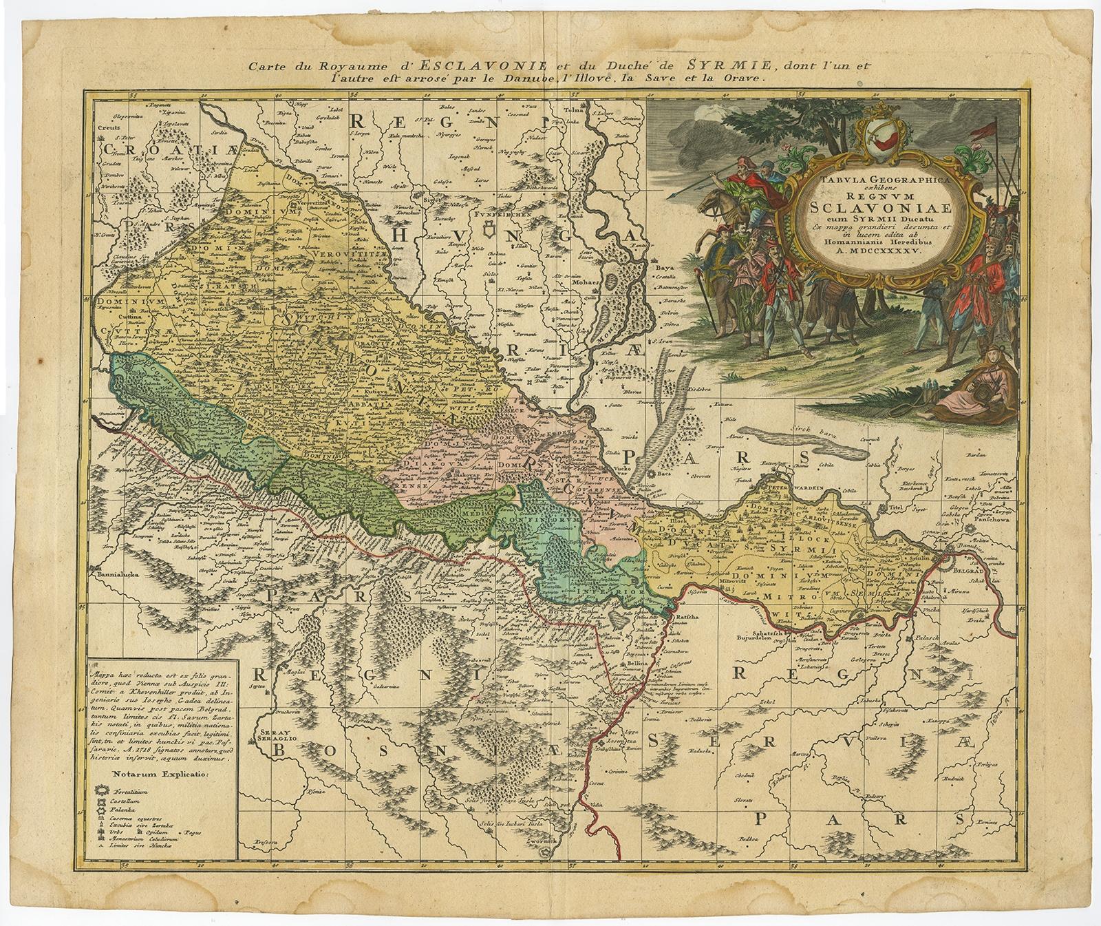 Antique map titled 'Tabula Geographica exhibens Regnum Sclavoniae.' 

Detailed map of Slavonia, the region in eastern Croatia. Map is dated shortly after the Peace of Belgrade signed in 1739 between the Holy Roman Emperor and the Turks. Key and