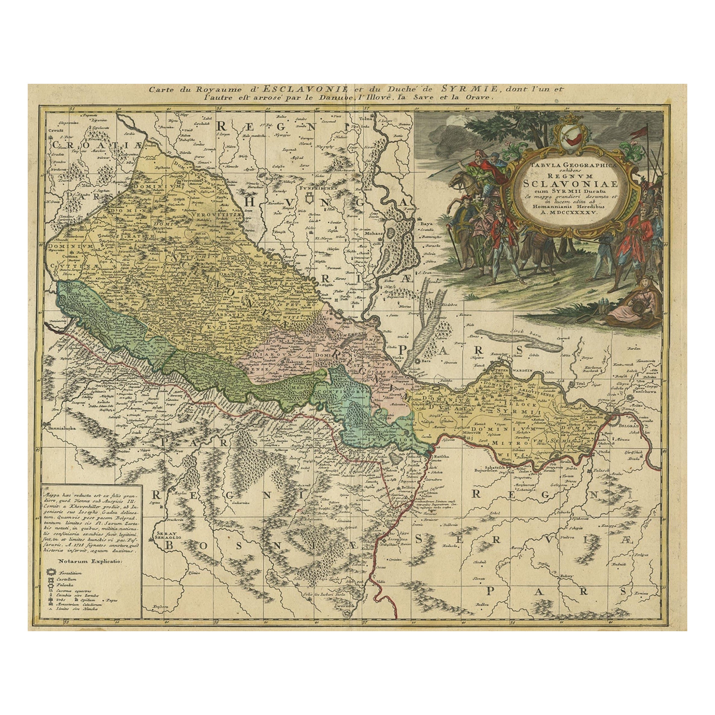 Carte ancienne détaillée de Slavonia, la région de l'est de la Croatie, vers 1745
