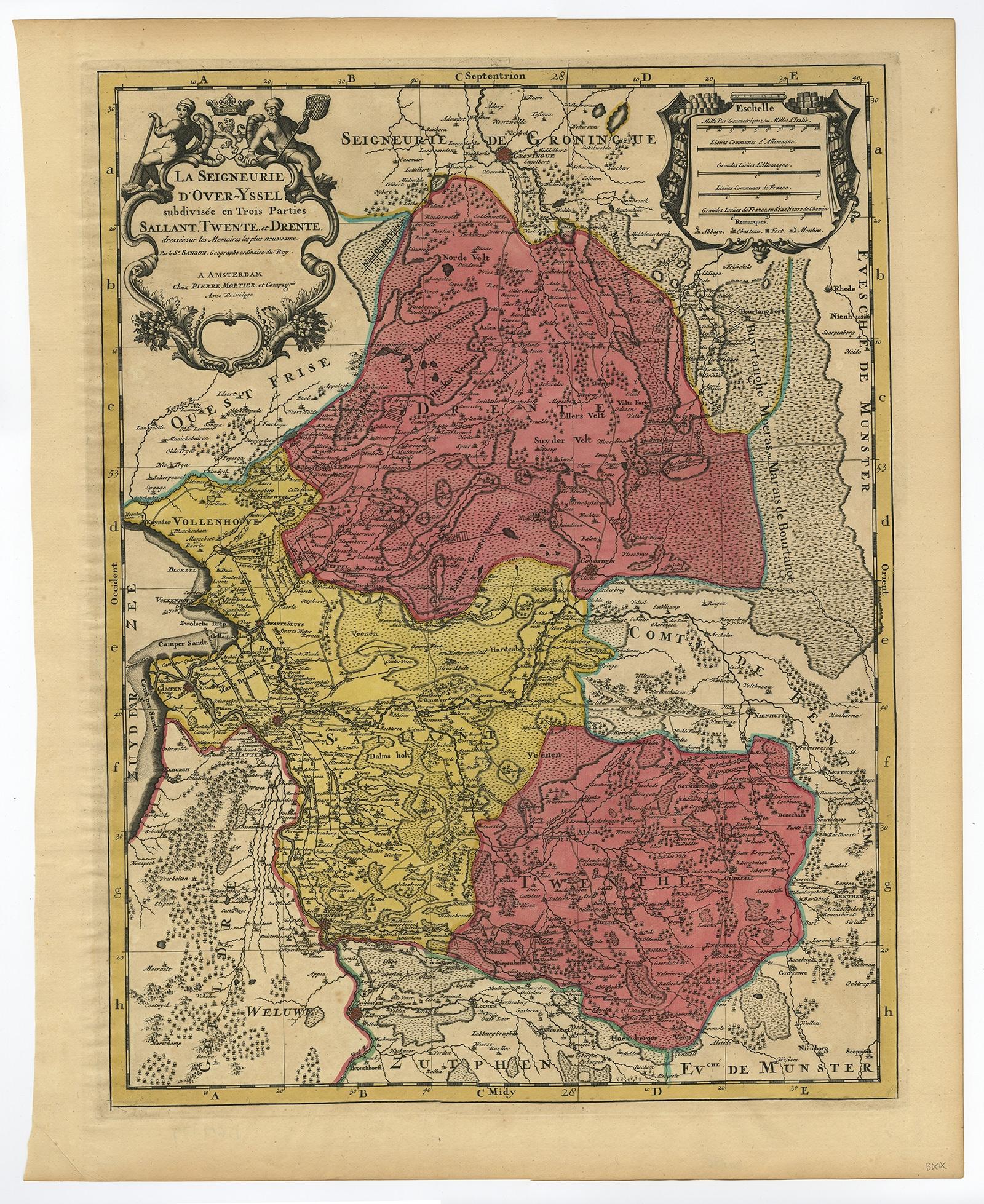 Antike Karte mit dem Titel 'La Seigneurie d'Over-Yssel subdivisee en Trois Parties, Sallant, Twente, et Drente' 

Detaillierte Karte der Provinz Overijssel in den Niederlanden. Aus Jaillot's 