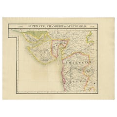 Mappa antica dettagliata della regione di Gujarat e Mumbai in India, 1825 ca.