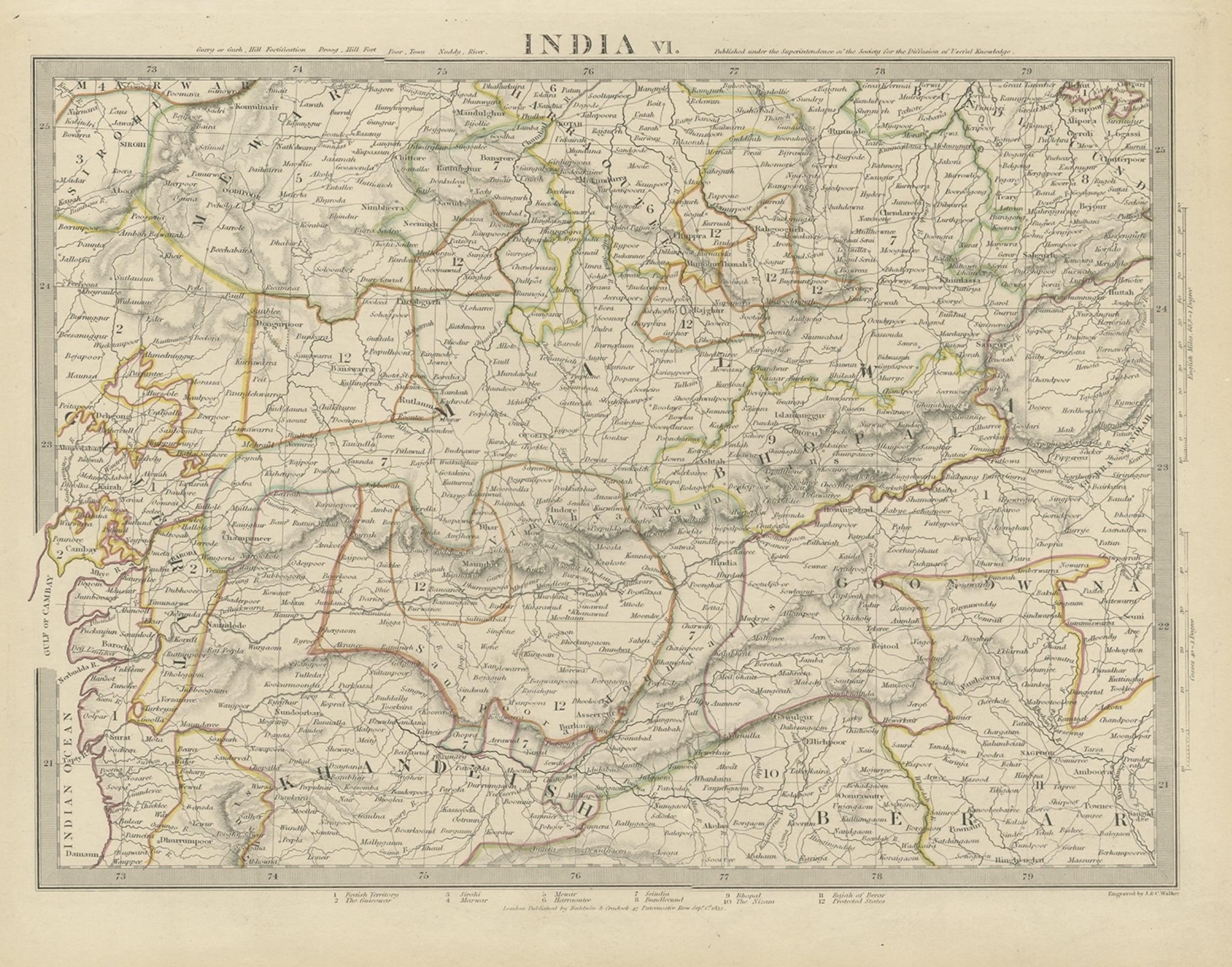 Detaillierte antike Karte der Region Malwa in Indien, 1833 (Papier) im Angebot