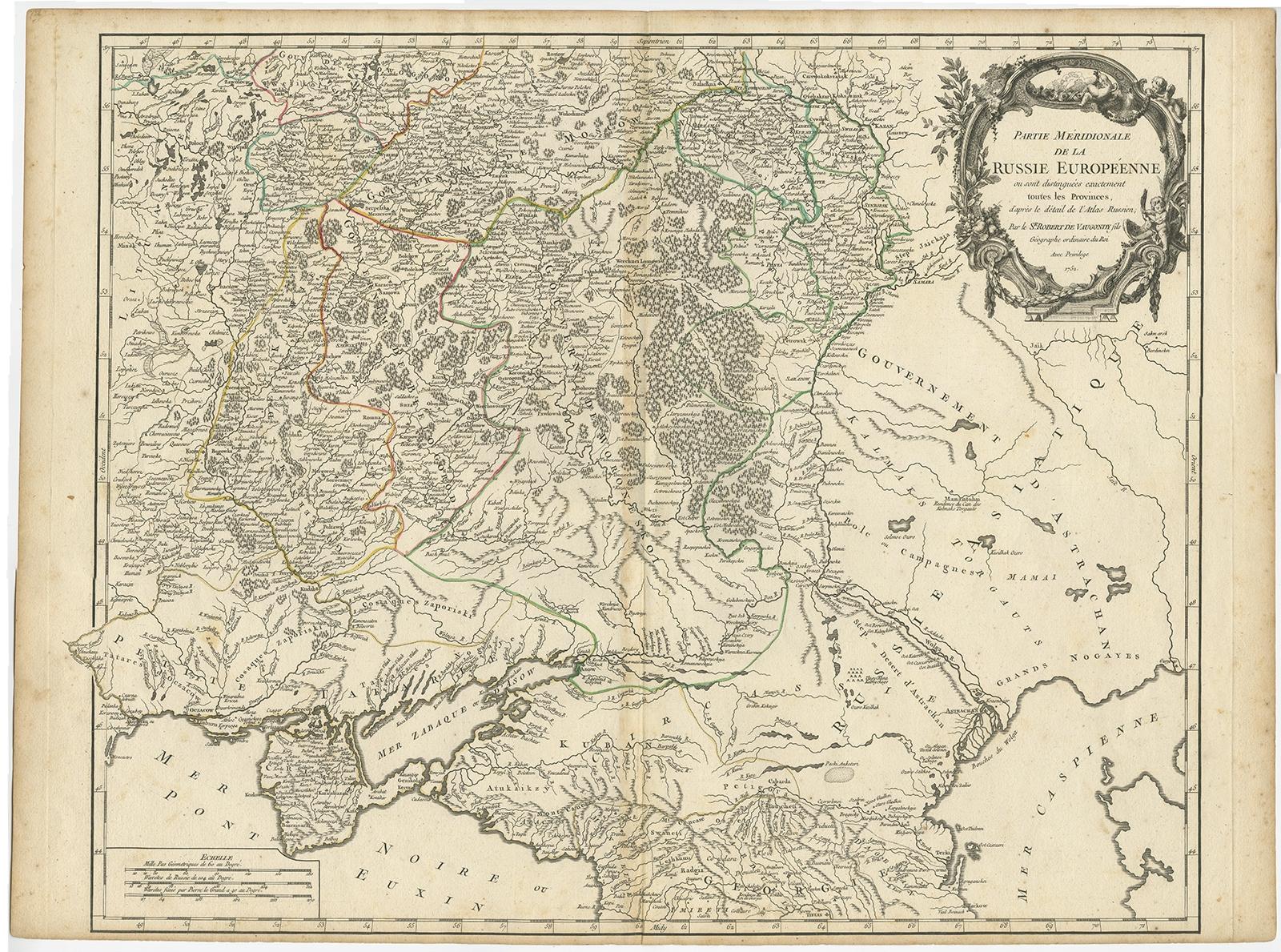 Antique map titled 'Partie meridionale de la Russie Européenne'. 

Detailed map of the southern part of European Russia by Robert de Vaugondy. It covers from Moscow south to Georgia and from Poland east to the Volga River, including Crimea and