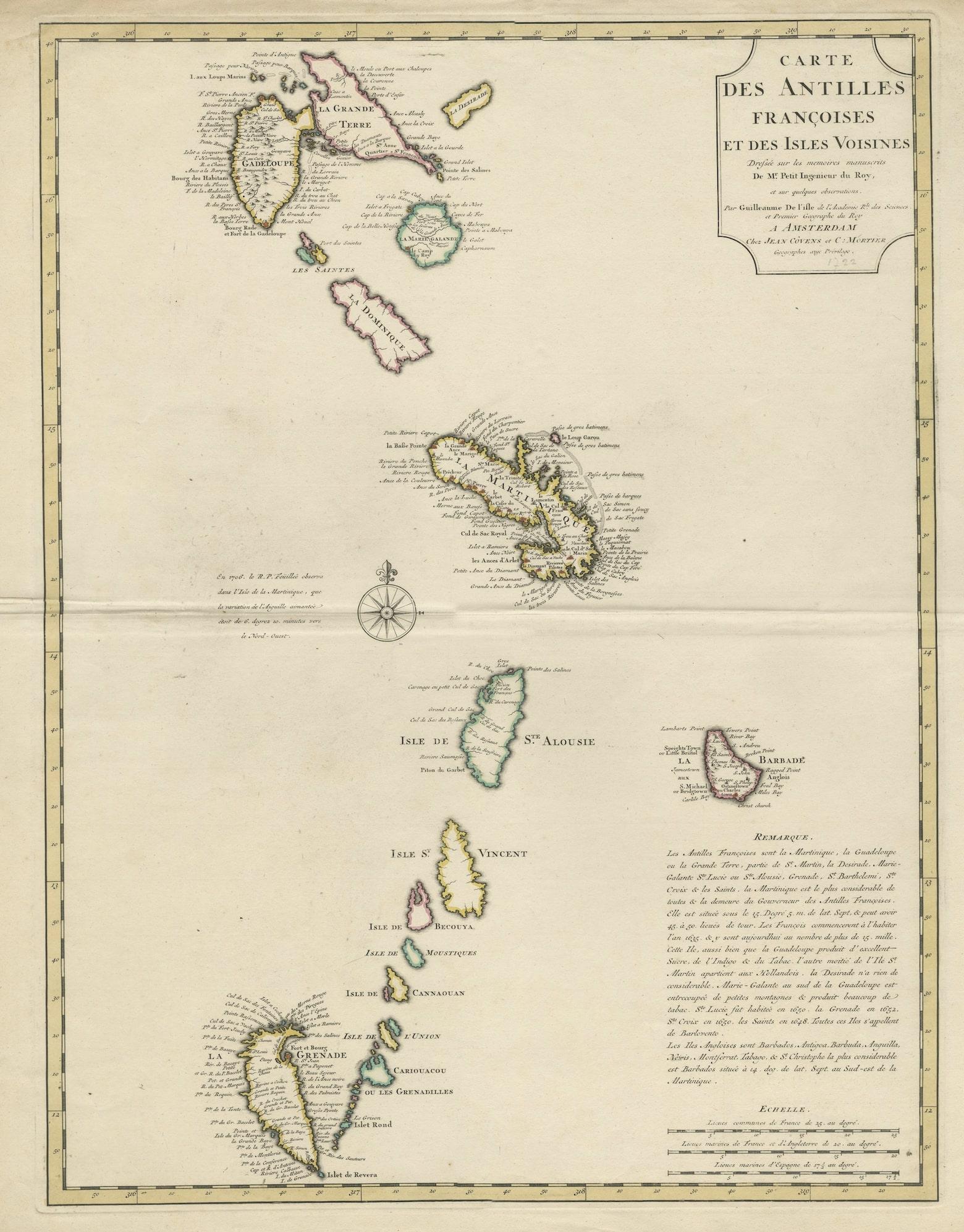 Antike Karte mit dem Titel 'Carte des Antilles Francoises et des Isles Voisines'. Originale antike Karte der Französischen Antillen, die ein Gebiet abdeckt, das sich von Guadeloupe im Norden bis Grenada im Süden erstreckt. Dies ist die Amsterdamer