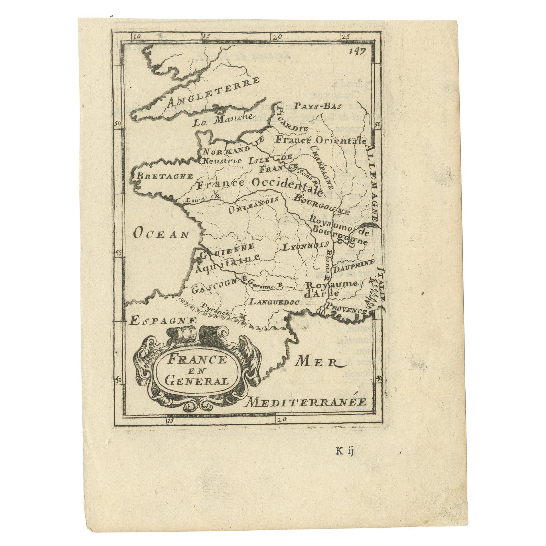 Detailed Antique Miniature Map of France by Mallet, c.1683
