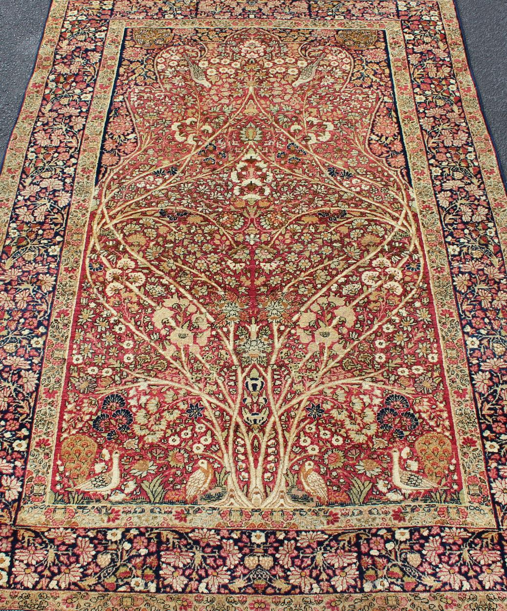 Wool Very Fine Antique Persian Lavar Kerman Rug with Intricate Floral Design  For Sale