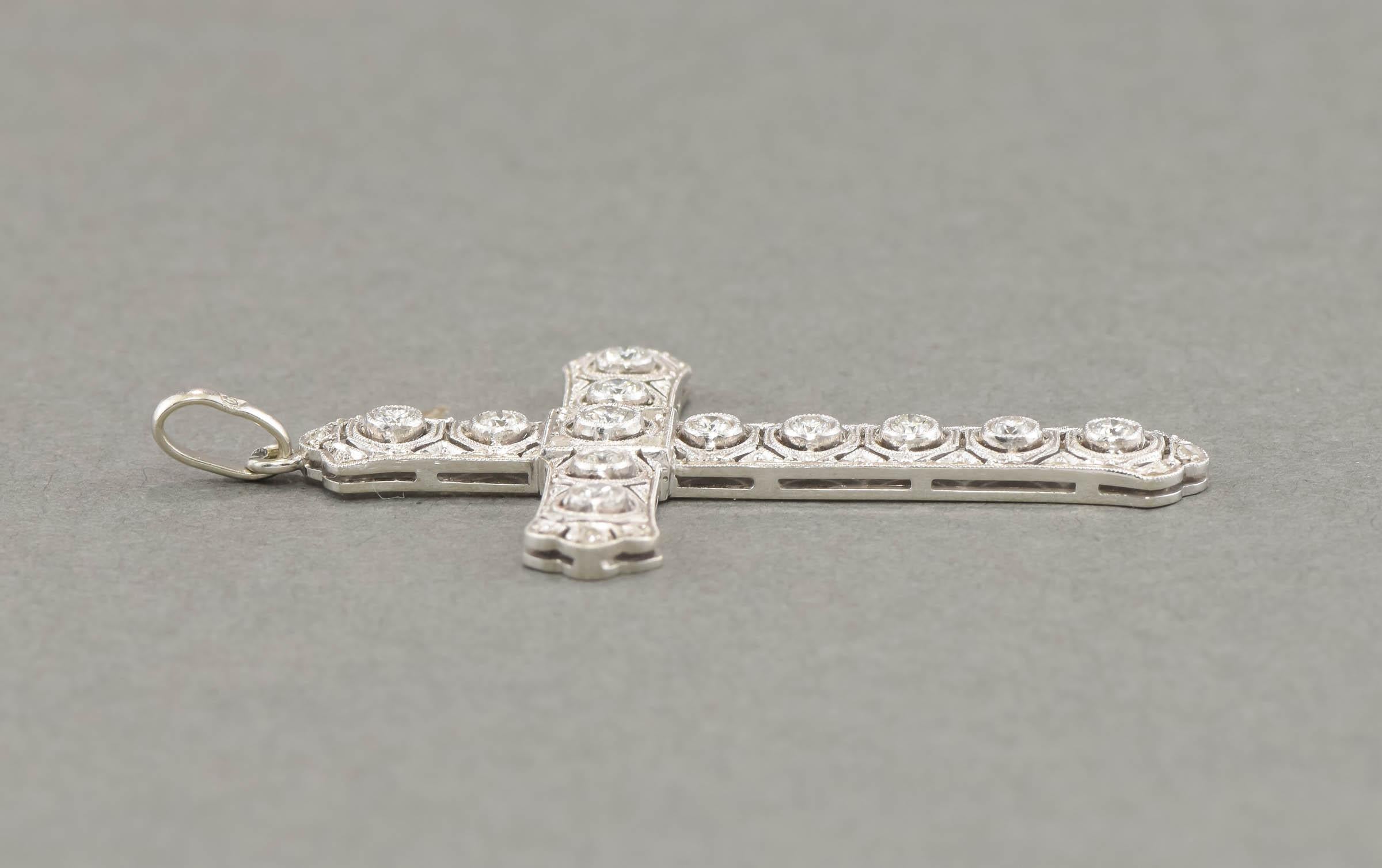 Detailed Art Deco Diamond Cross Pendant in 18K White Gold For Sale 6