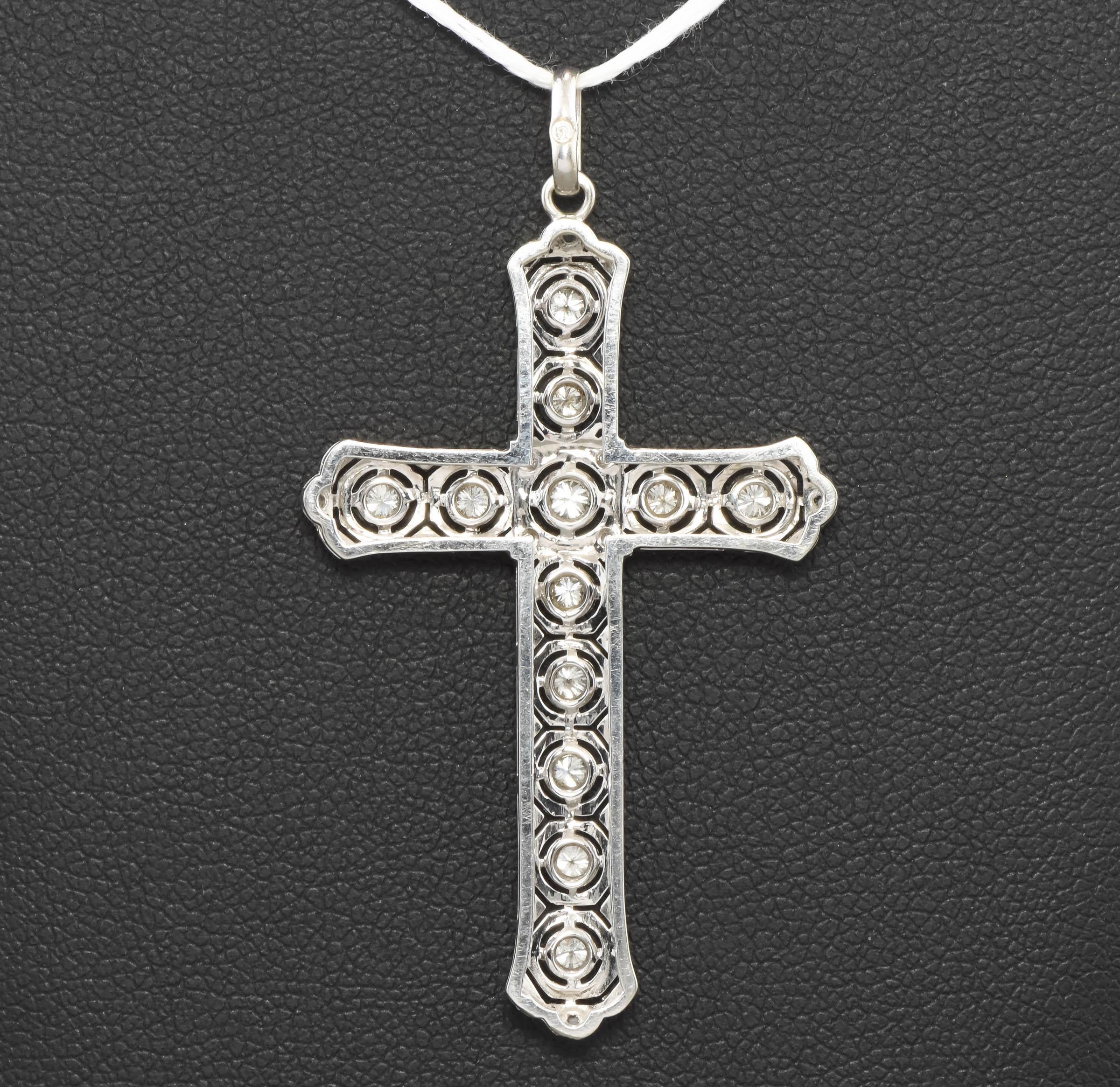 Brilliant Cut Detailed Art Deco Diamond Cross Pendant in 18K White Gold For Sale
