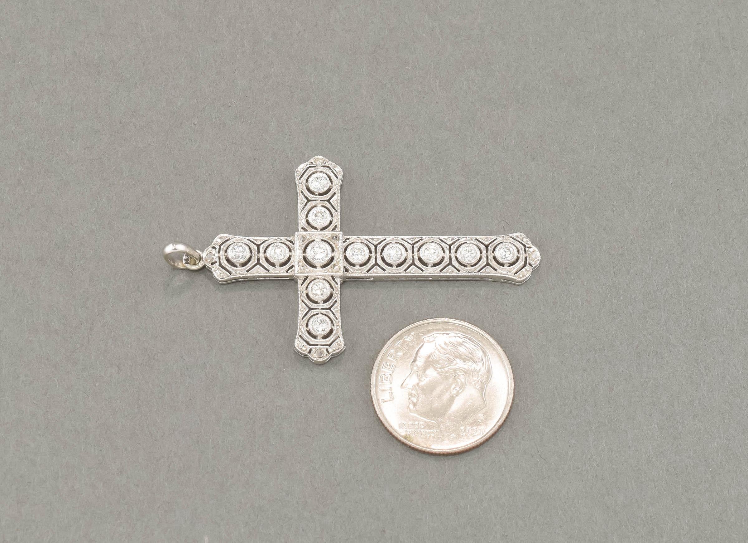 Women's or Men's Detailed Art Deco Diamond Cross Pendant in 18K White Gold For Sale