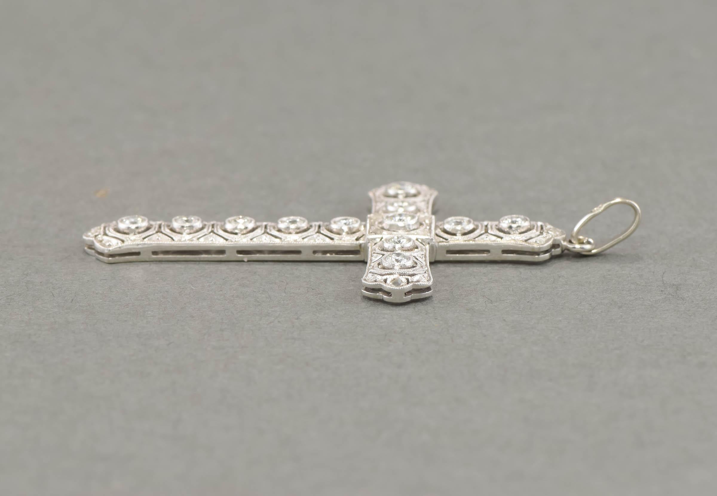 Detailed Art Deco Diamond Cross Pendant in 18K White Gold For Sale 3