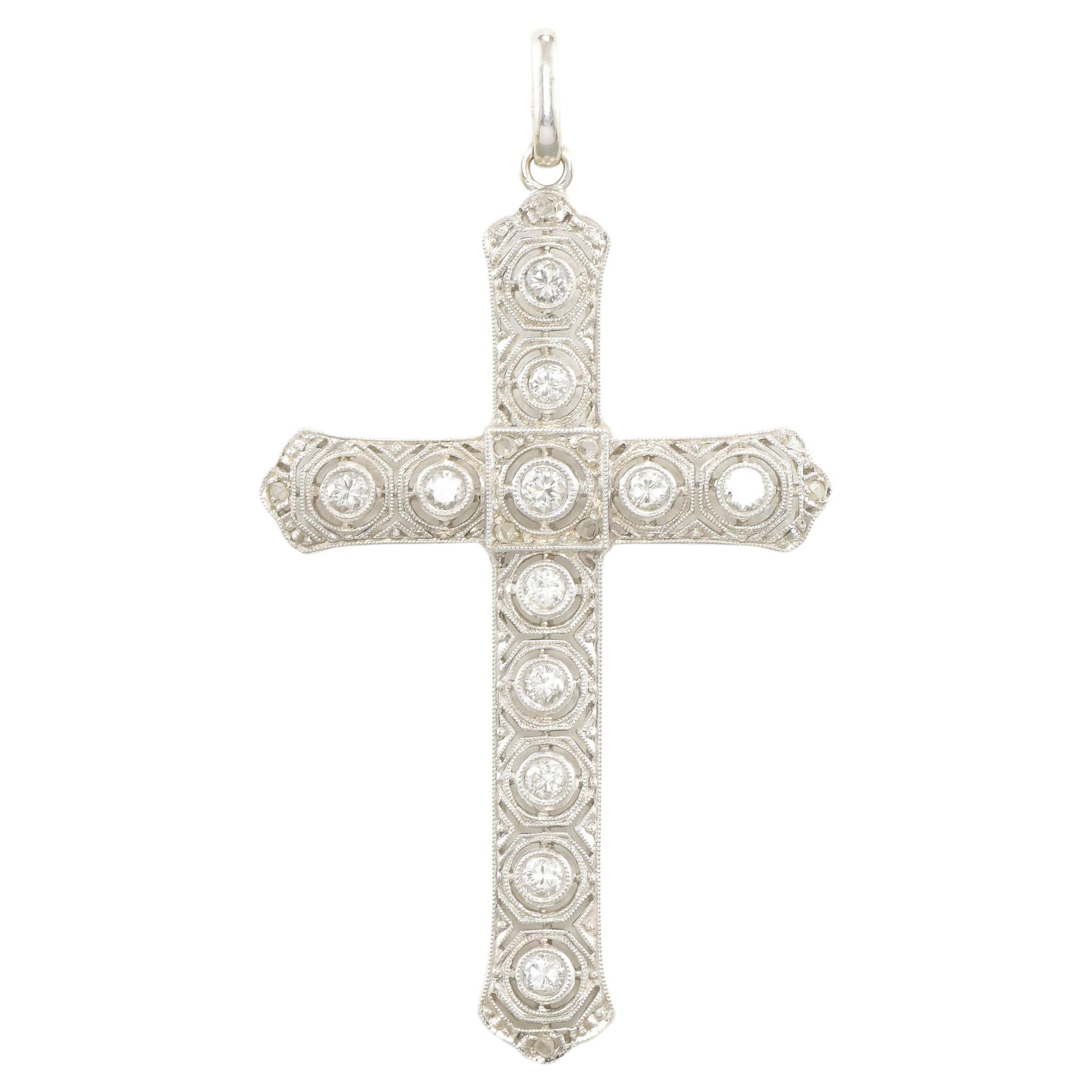 Detailed Art Deco Diamond Cross Pendant in 18K White Gold