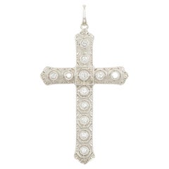 Detailed Art Deco Diamond Cross Pendant in 18K White Gold