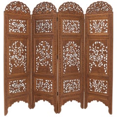 Vintage Detailed Carved Teak 4-Panel Room Divider Screen