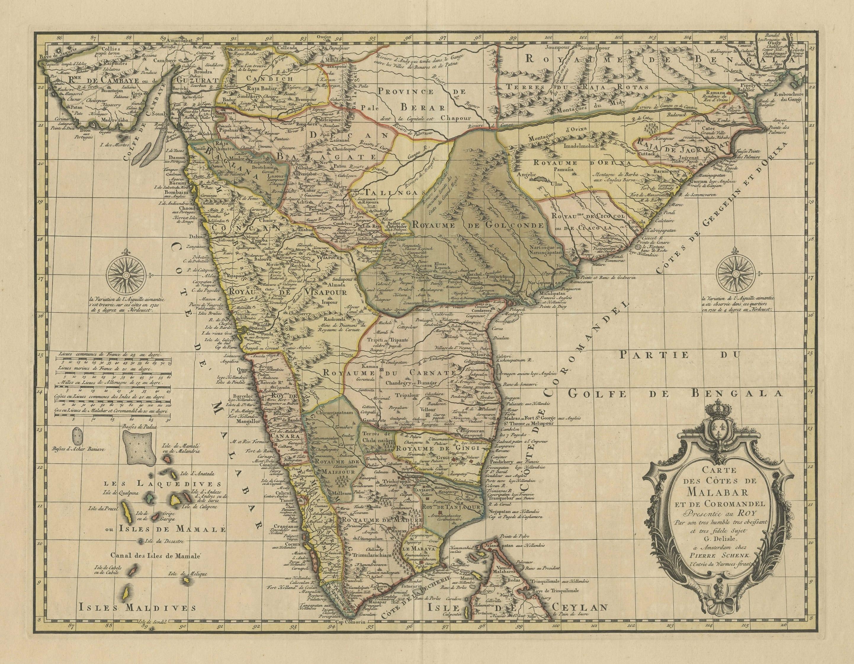 Antique map titled 'Carte des Côtes de Malabar et de Coromandel'. Finely engraved map of the southern part of India, first issued in 1723 by acclaimed French mapmaker Guillaume De L’Isle. It focuses on trade routes within India, as well as the