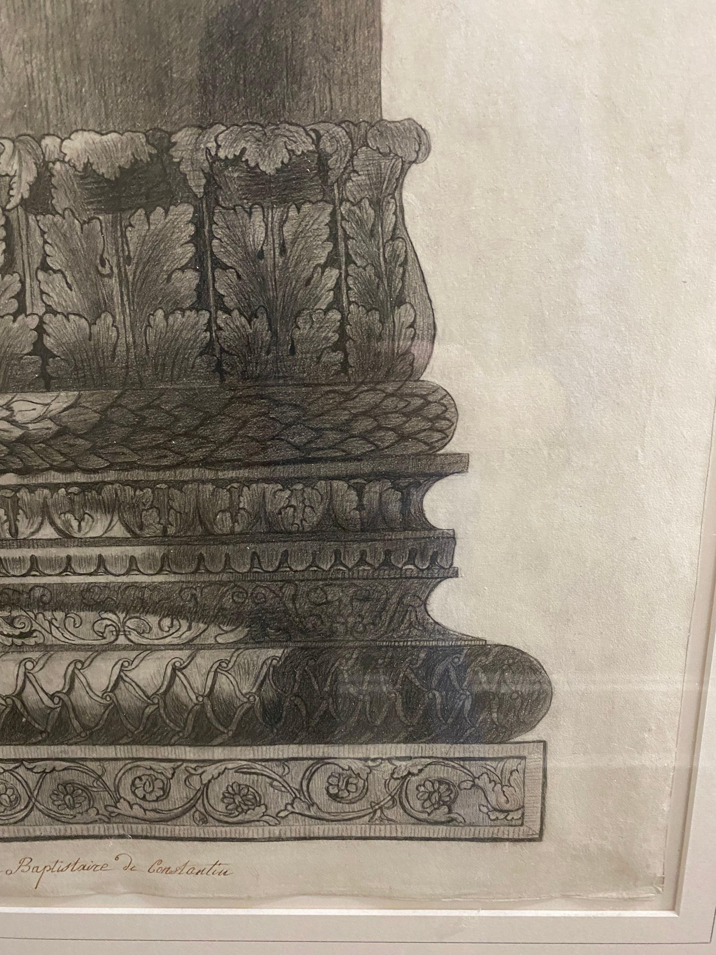 Paper Detailed Drawing of Column Base from Constantine Baptistry, Early 19th Century For Sale