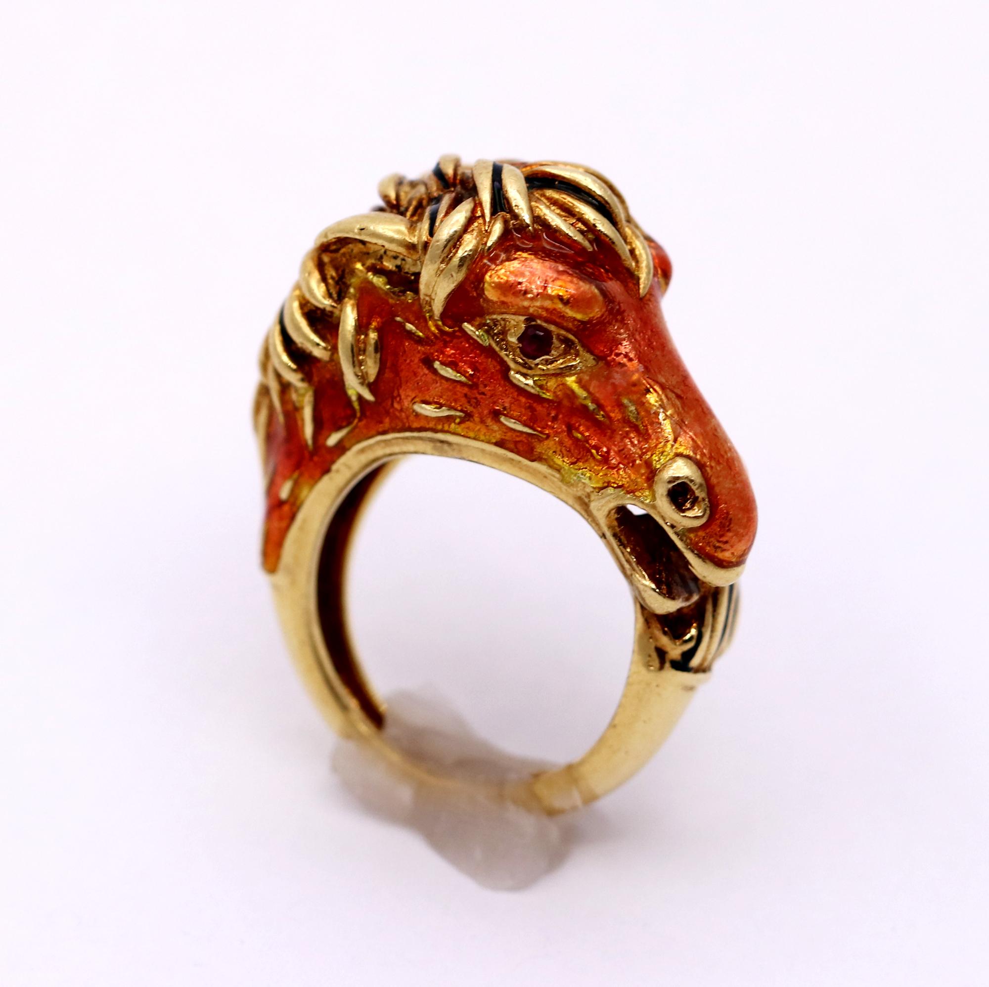 Round Cut Detailed Enamel Horse Ring by Frascarolo with Ruby Eyes