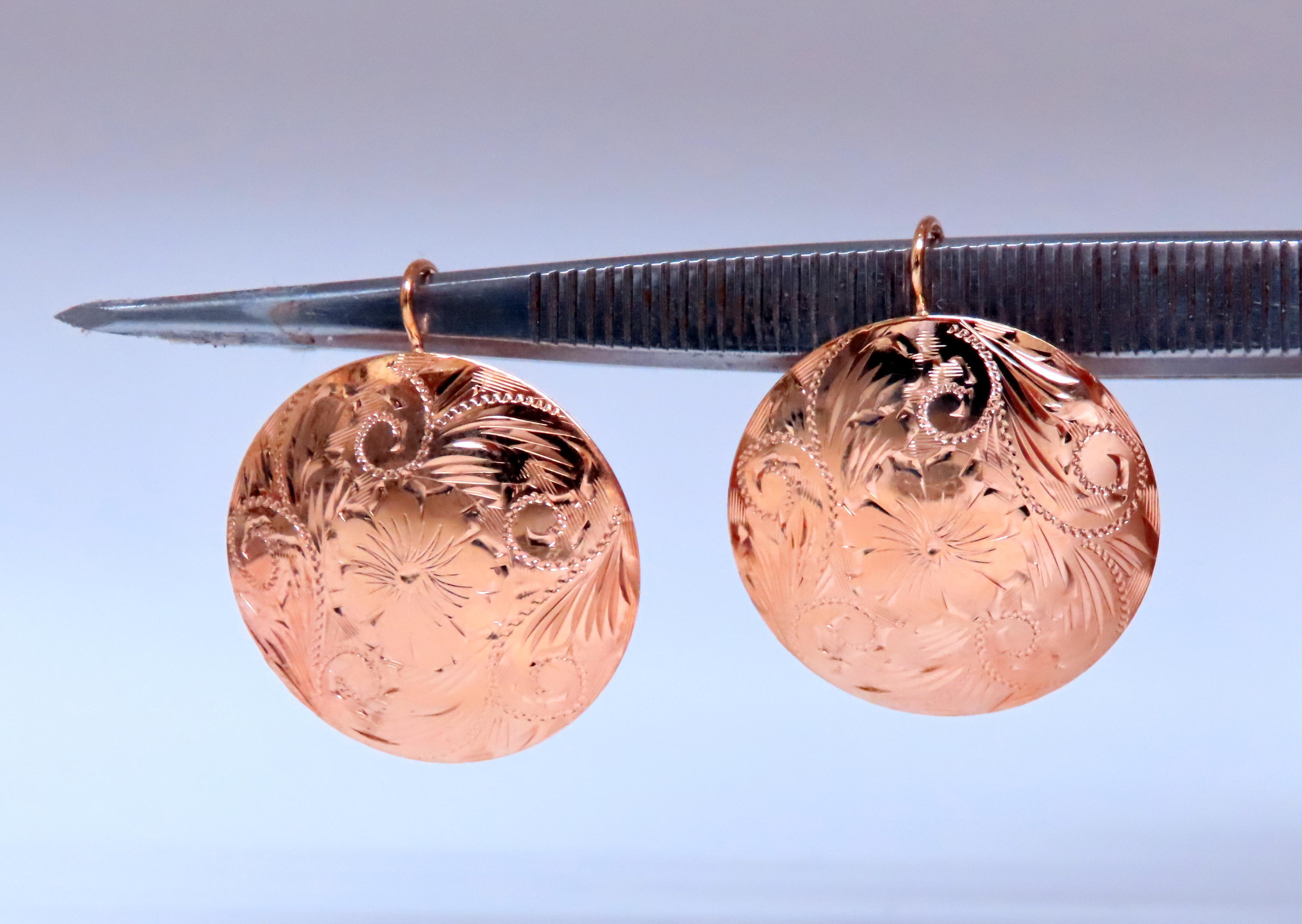 Contemporary Detailed Engraved Vintage Restored Button Lever Wire Earrings 14kt Gold For Sale
