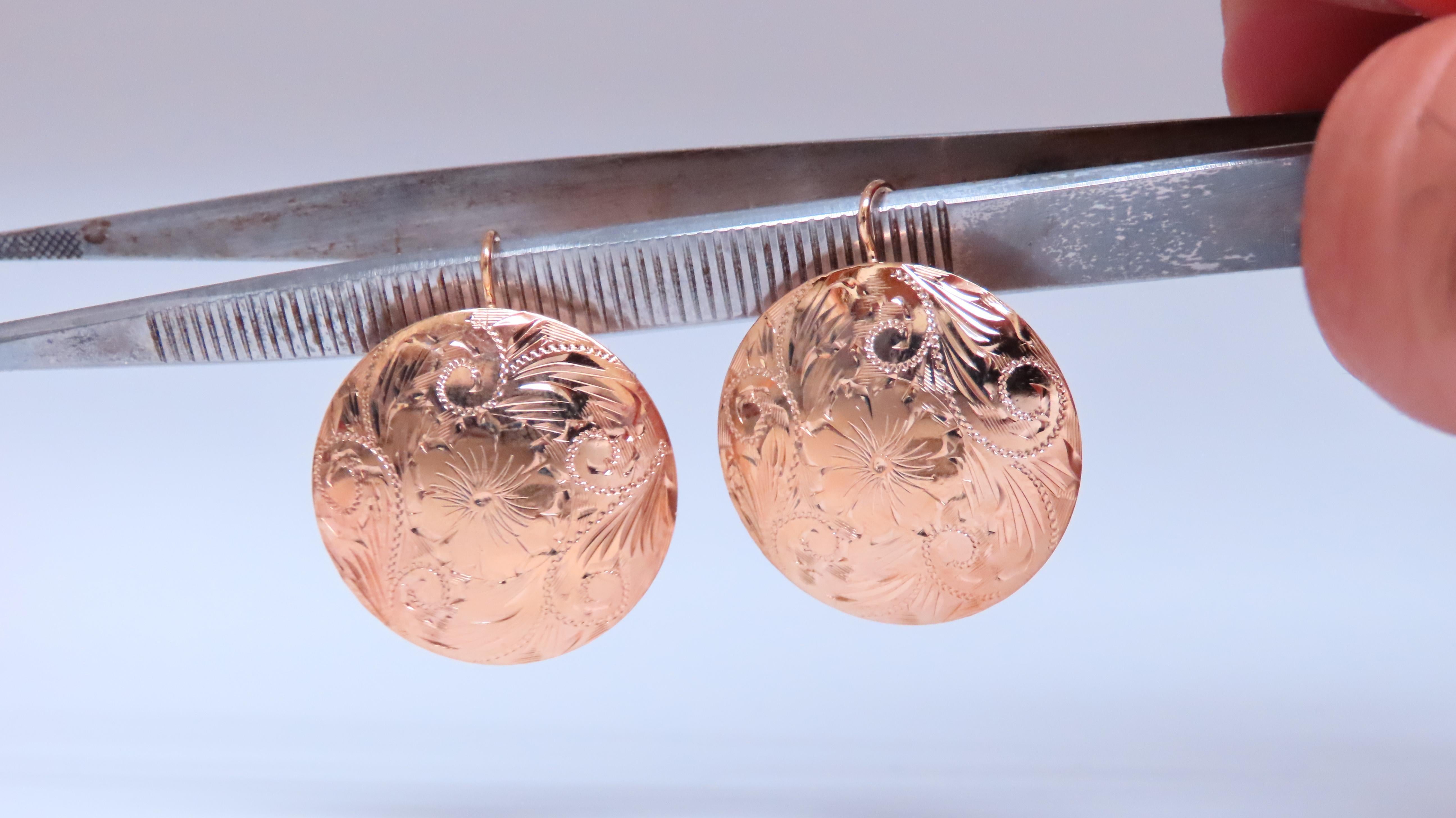 Detailed Engraved Vintage Restored Button Lever Wire Earrings 14kt Gold In New Condition For Sale In New York, NY