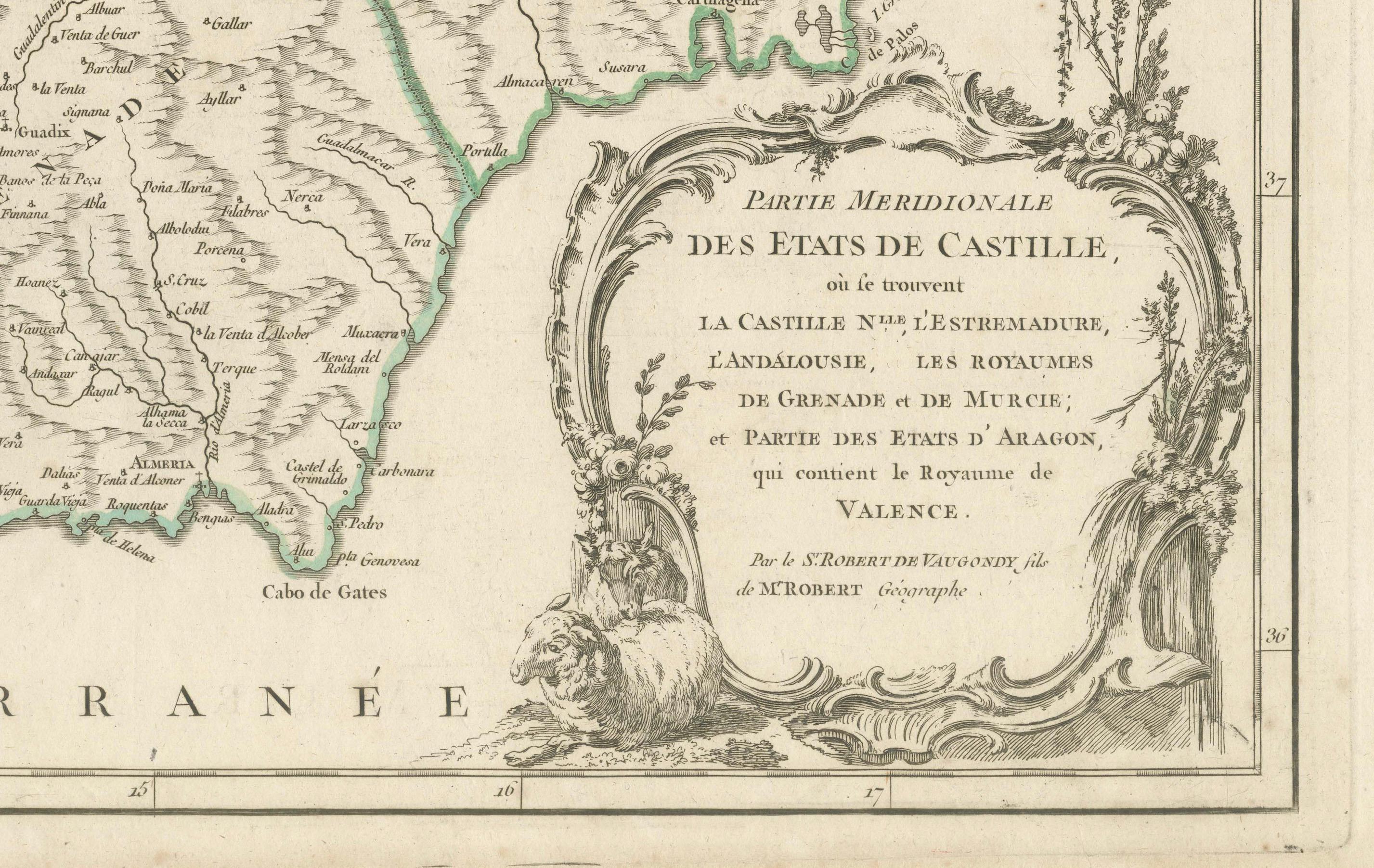 Detailed Engraving Highlighting Key Regions of Southern Spain and Castile, 1752 In Good Condition For Sale In Langweer, NL