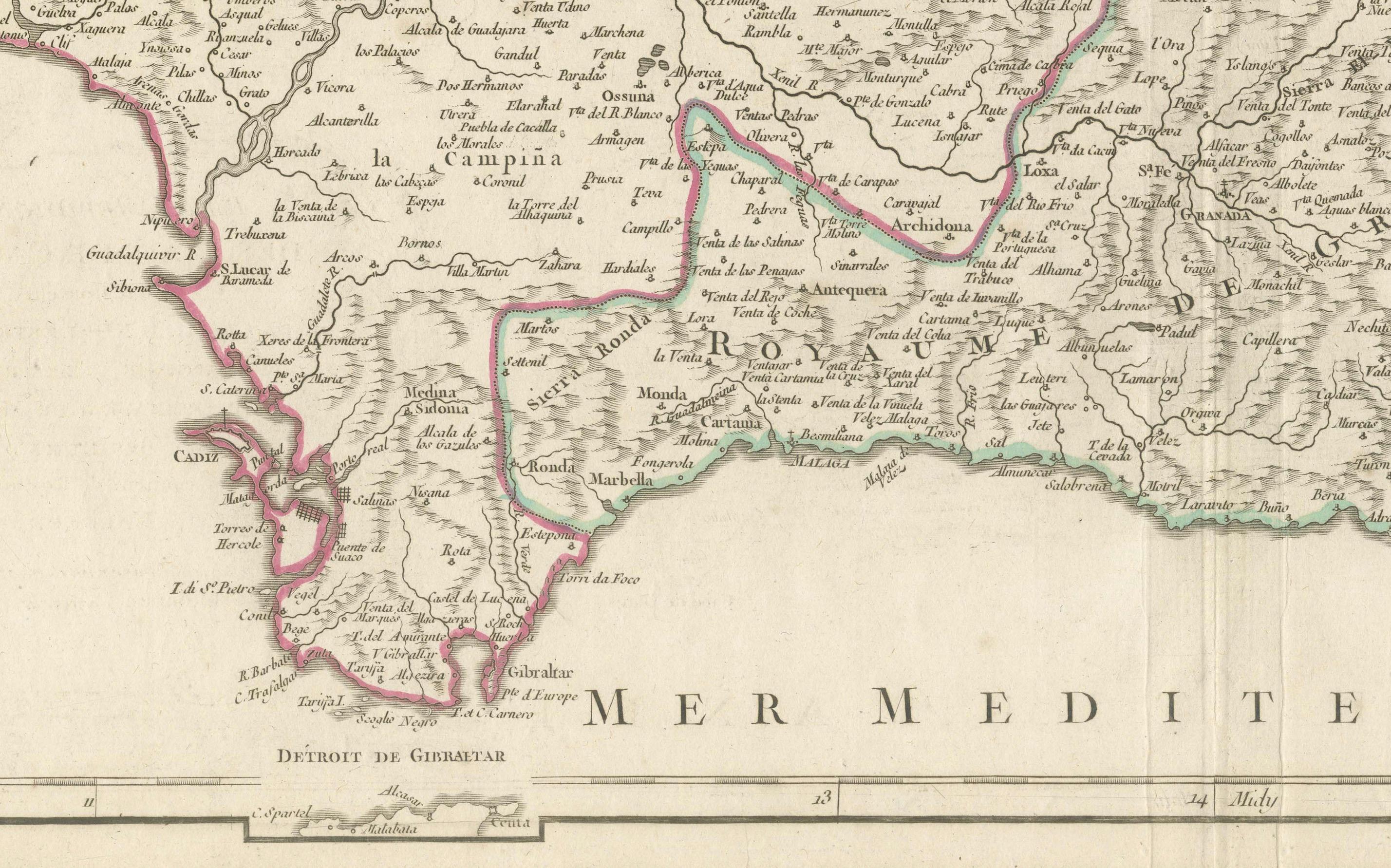 18th Century Detailed Engraving Highlighting Key Regions of Southern Spain and Castile, 1752 For Sale