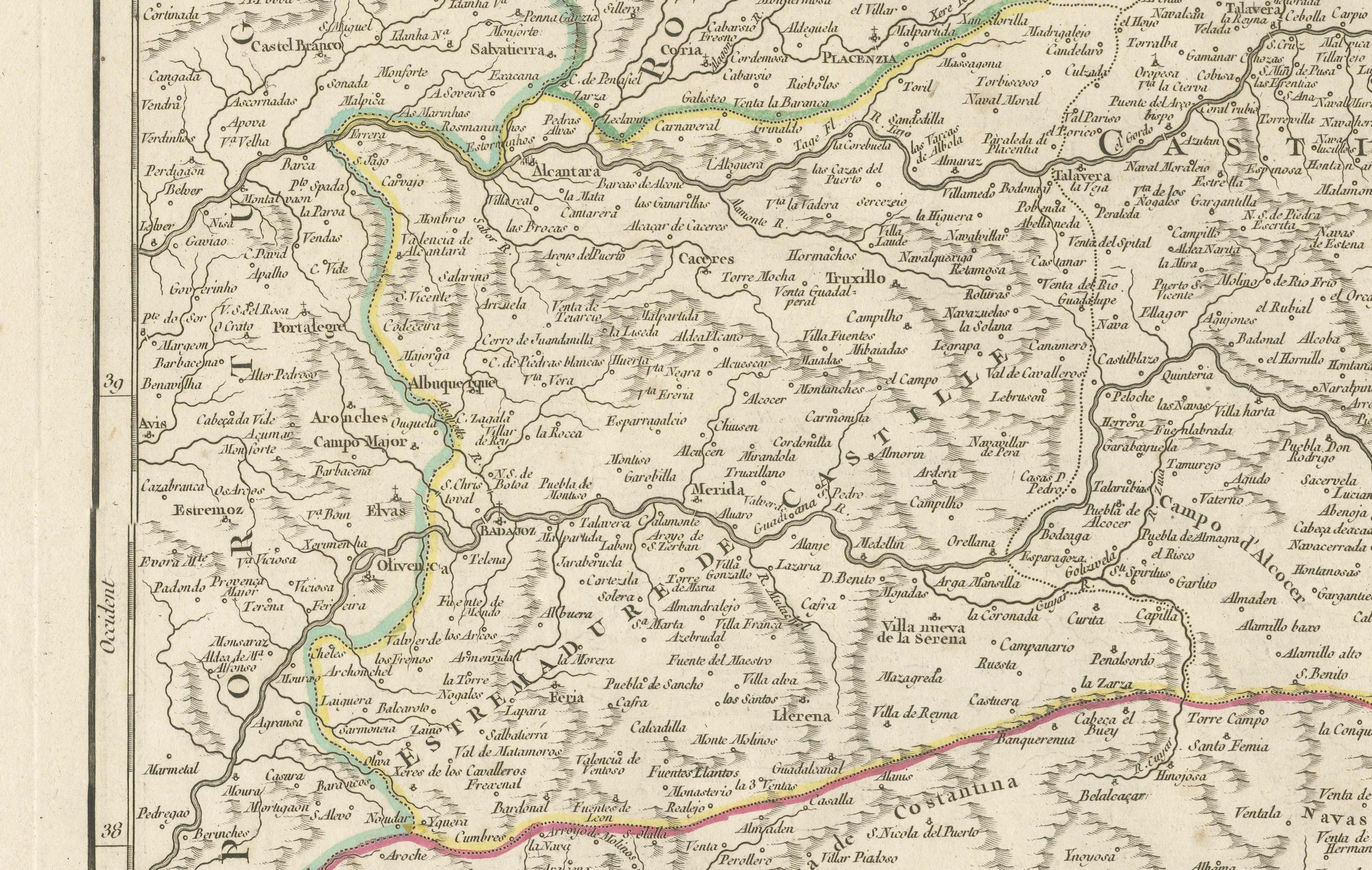 Paper Detailed Engraving Highlighting Key Regions of Southern Spain and Castile, 1752 For Sale