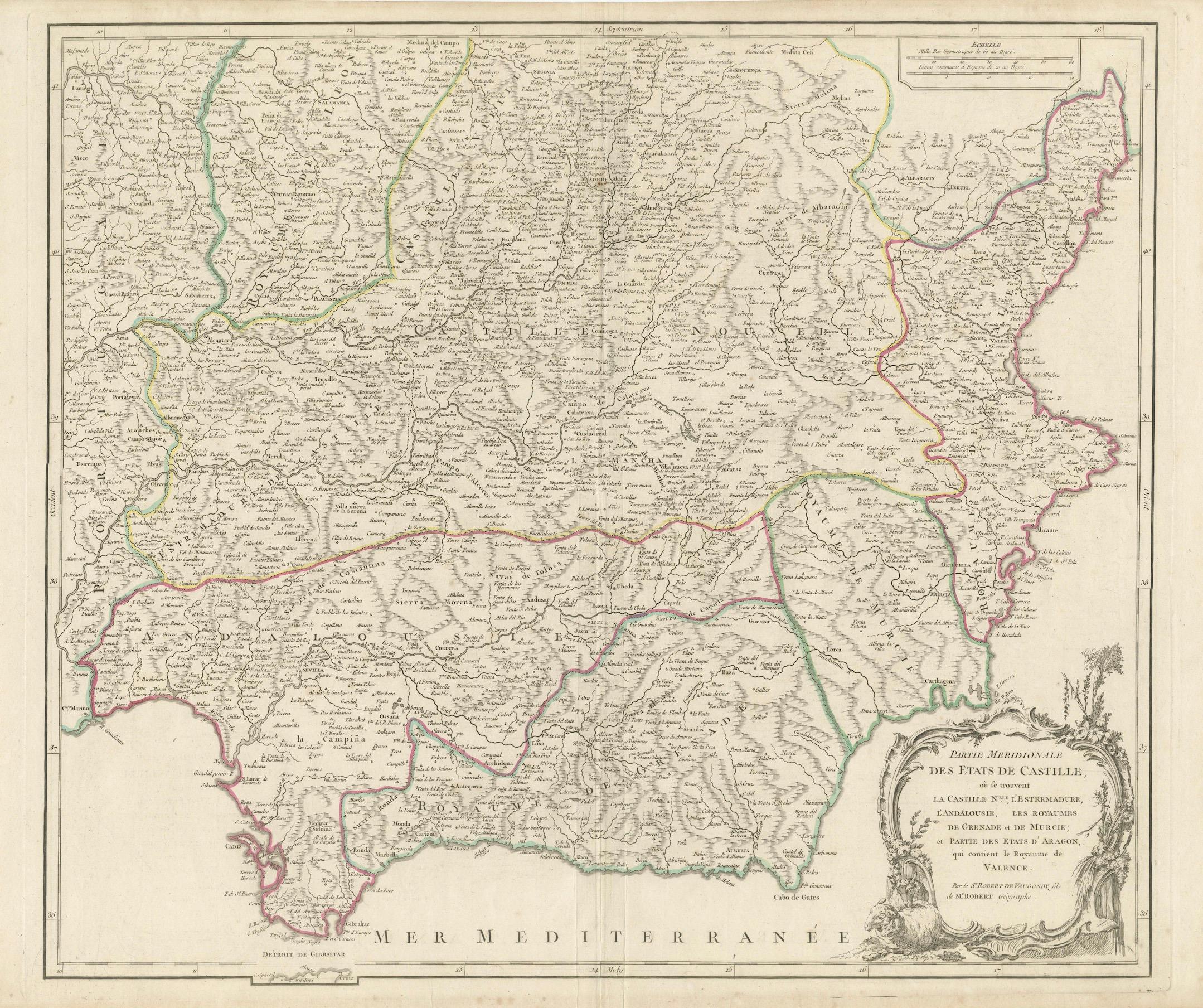 Detailed Engraving Highlighting Key Regions of Southern Spain and Castile, 1752 For Sale 2