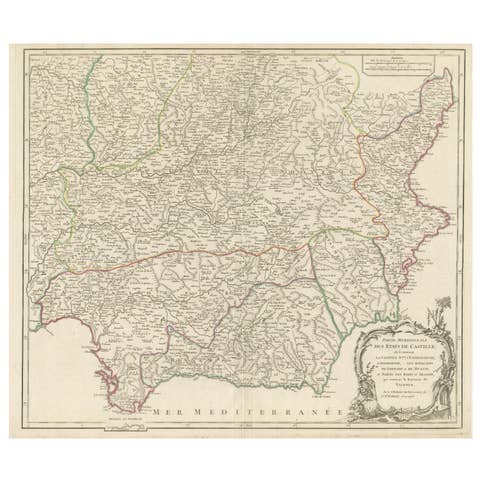 Detailed Engraving Highlighting Key Regions of Southern Spain and Castile, 1752
