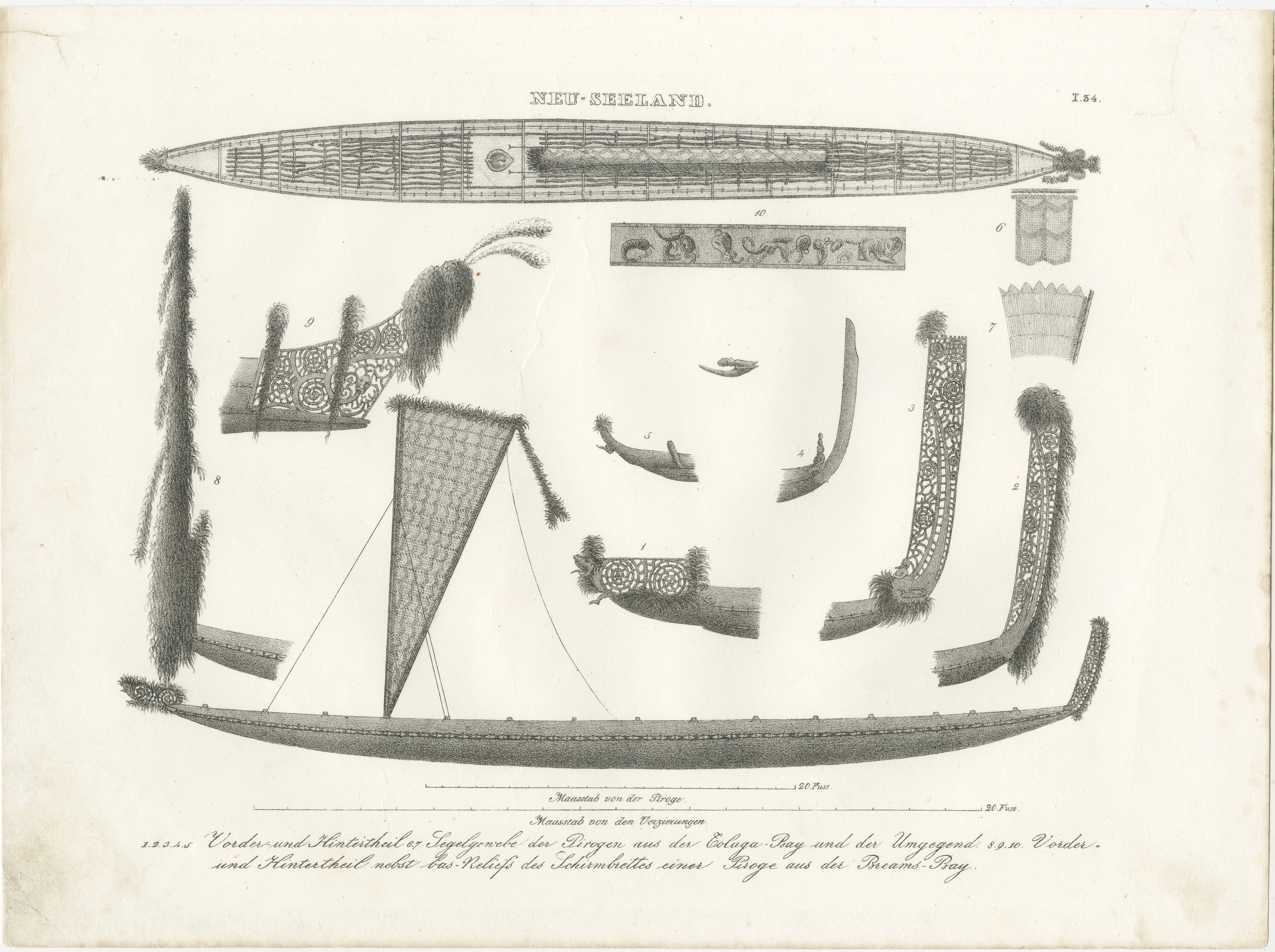 Title: Detailed Engraving of Maori Canoe Construction and Decorations  

Description: This intricate engraving showcases the structural and decorative elements of Maori canoes (waka) from Tolaga Bay and the surrounding areas in New Zealand. The