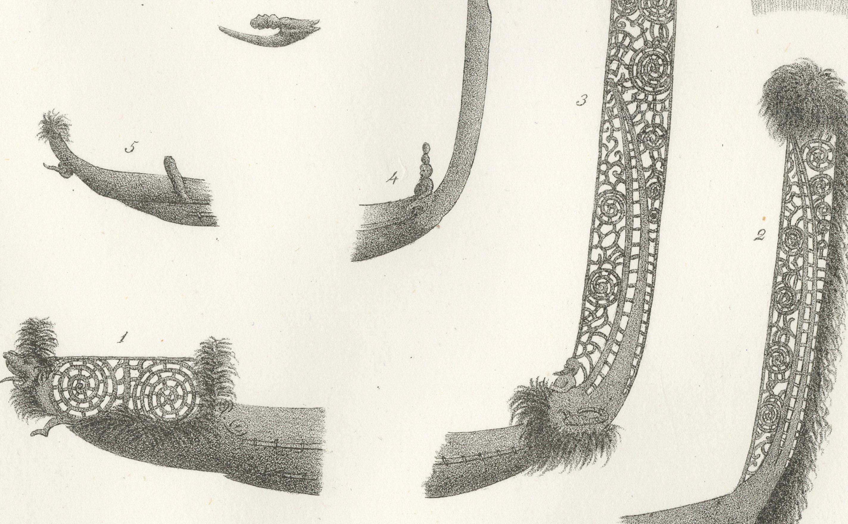 Detailed Engraving of Maori Canoe Construction and Decorations, 1836 In Good Condition In Langweer, NL