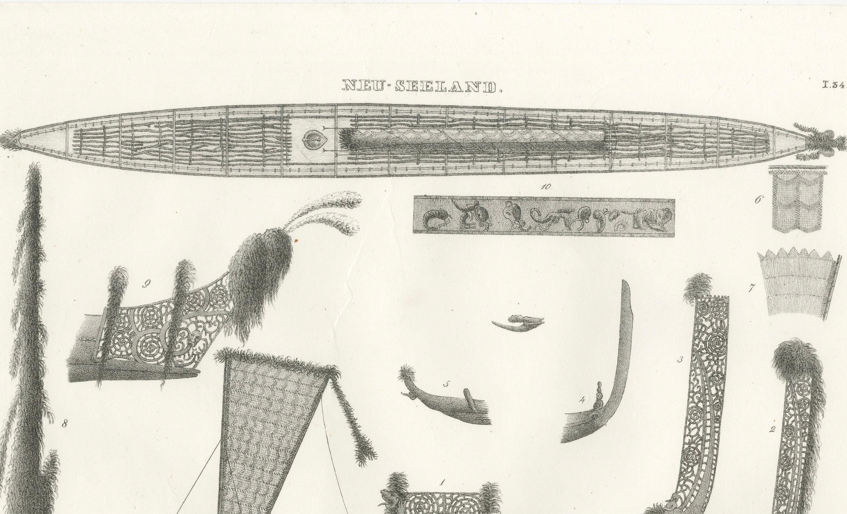 Mid-19th Century Detailed Engraving of Maori Canoe Construction and Decorations, 1836