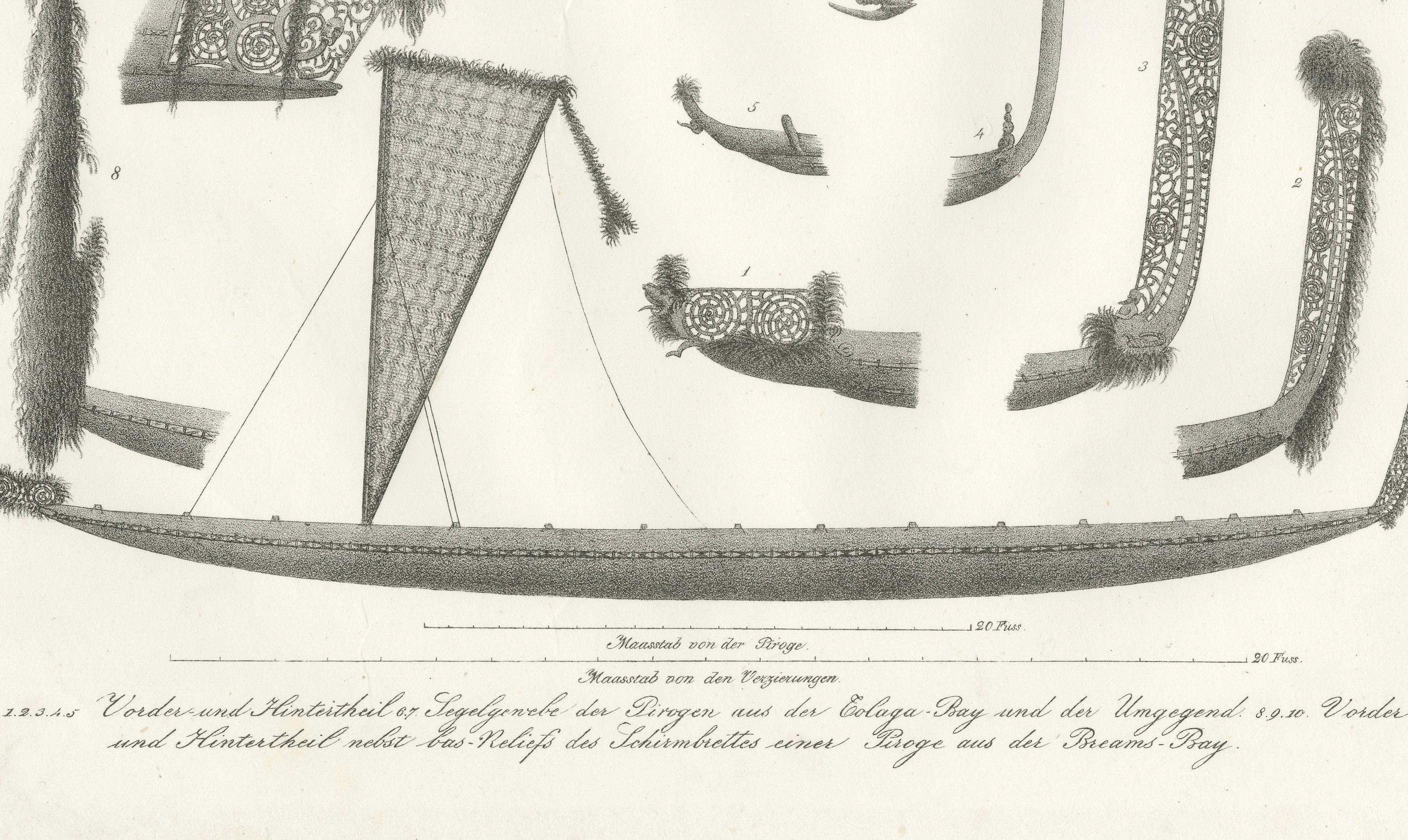 Paper Detailed Engraving of Maori Canoe Construction and Decorations, 1836