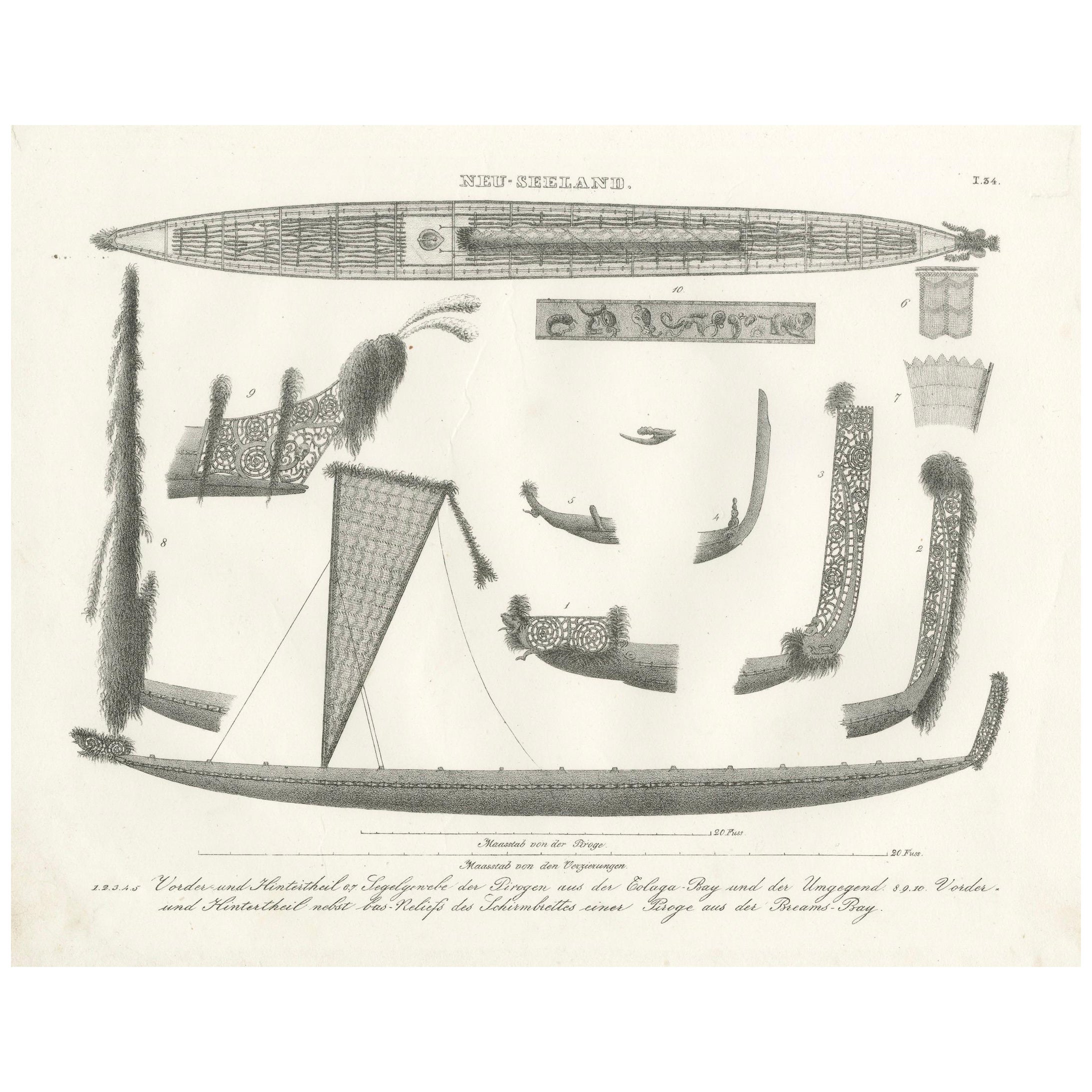 Detailed Engraving of Maori Canoe Construction and Decorations, 1836