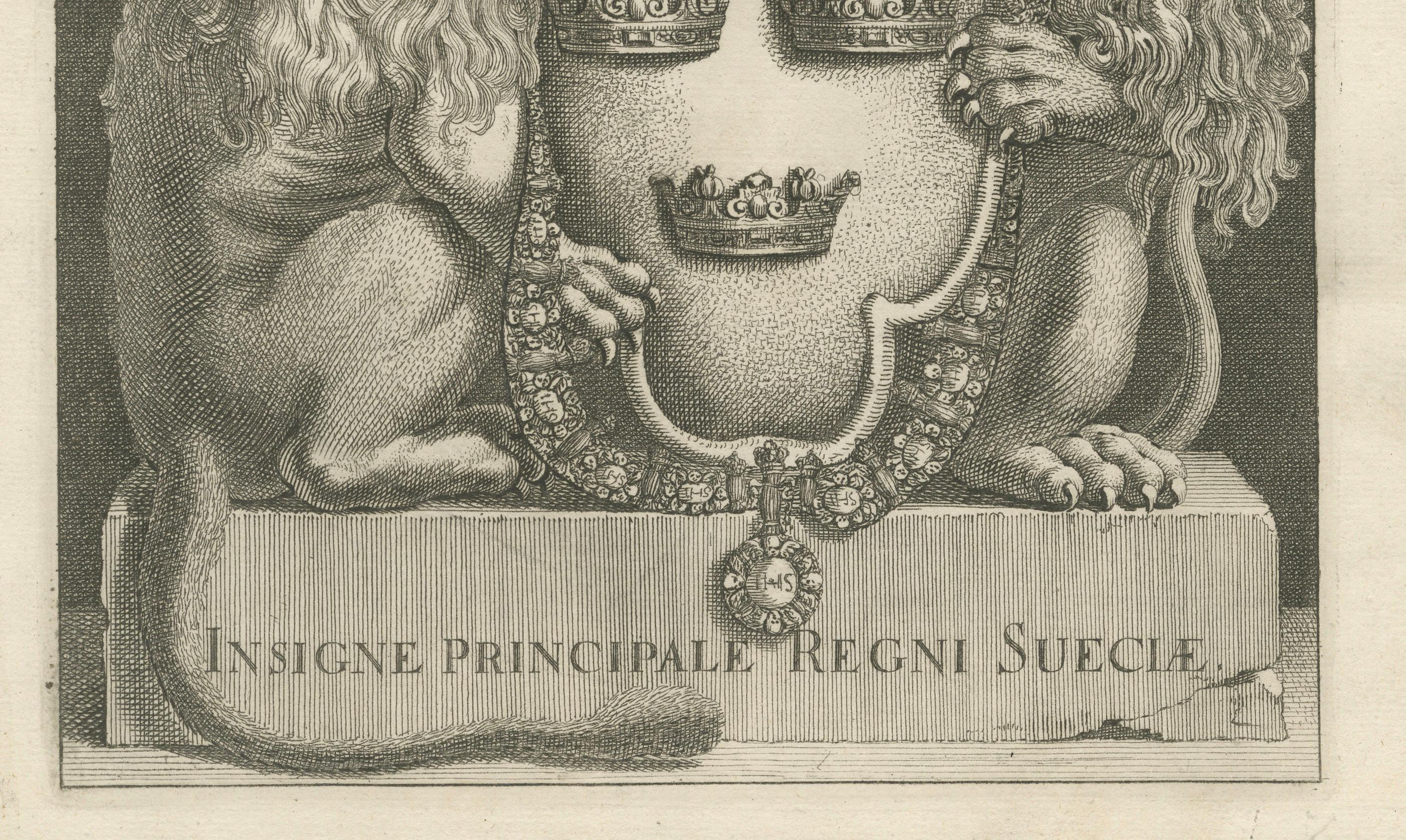 This is an original detailed engraving of the greater coat of arms of Sweden, referred to in Swedish as 