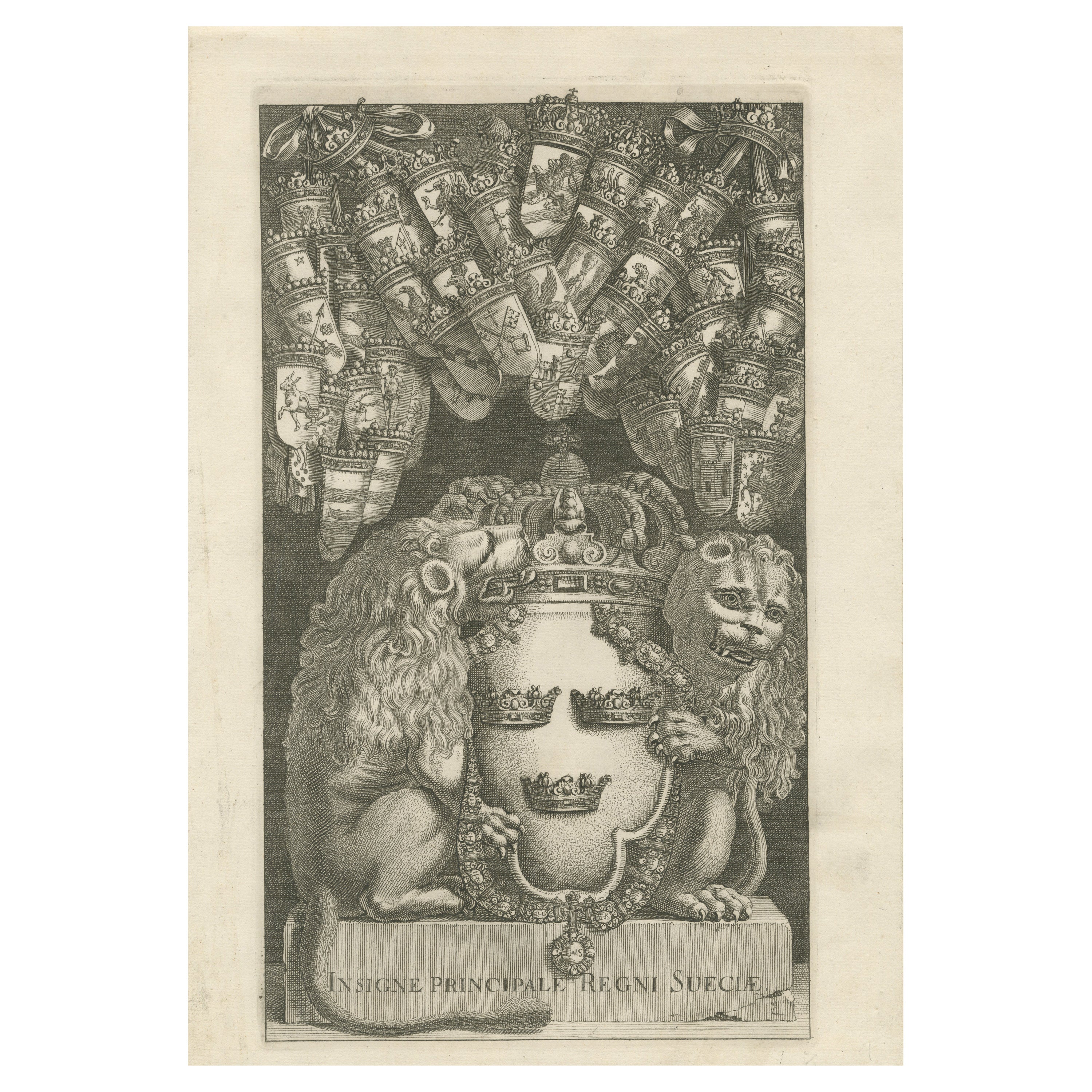 Gravure détaillée du Grand Armoiries de Suède, 1669