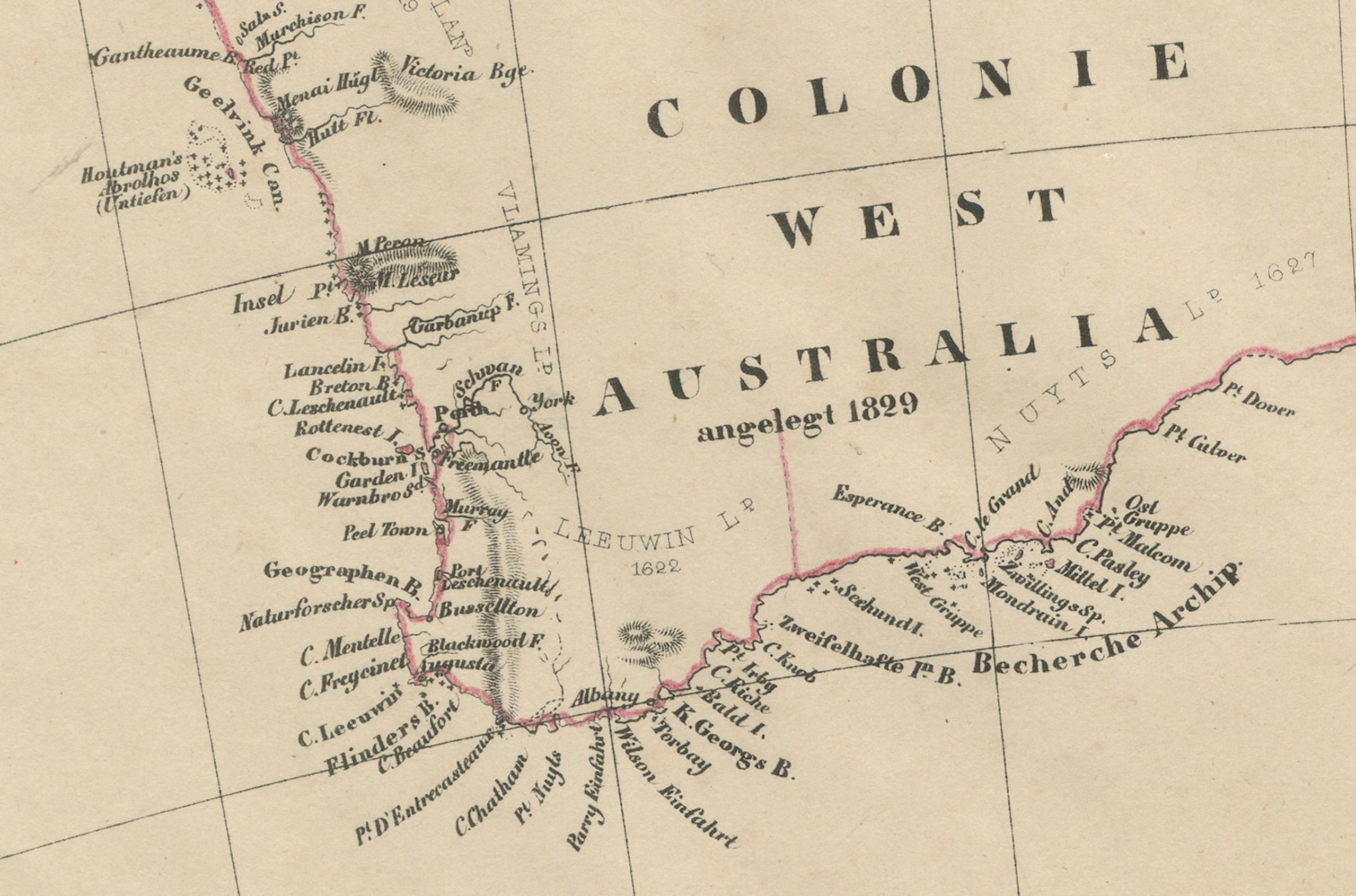 Detaillierte deutsche Karte Australiens mit Statistien aus dem Jahr 1841, veröffentlicht 1854 im Zustand „Gut“ im Angebot in Langweer, NL