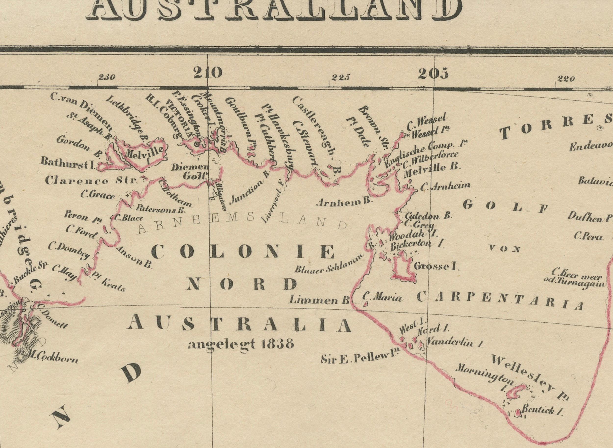 Detaillierte deutsche Karte Australiens mit Statistien aus dem Jahr 1841, veröffentlicht 1854 (Papier) im Angebot