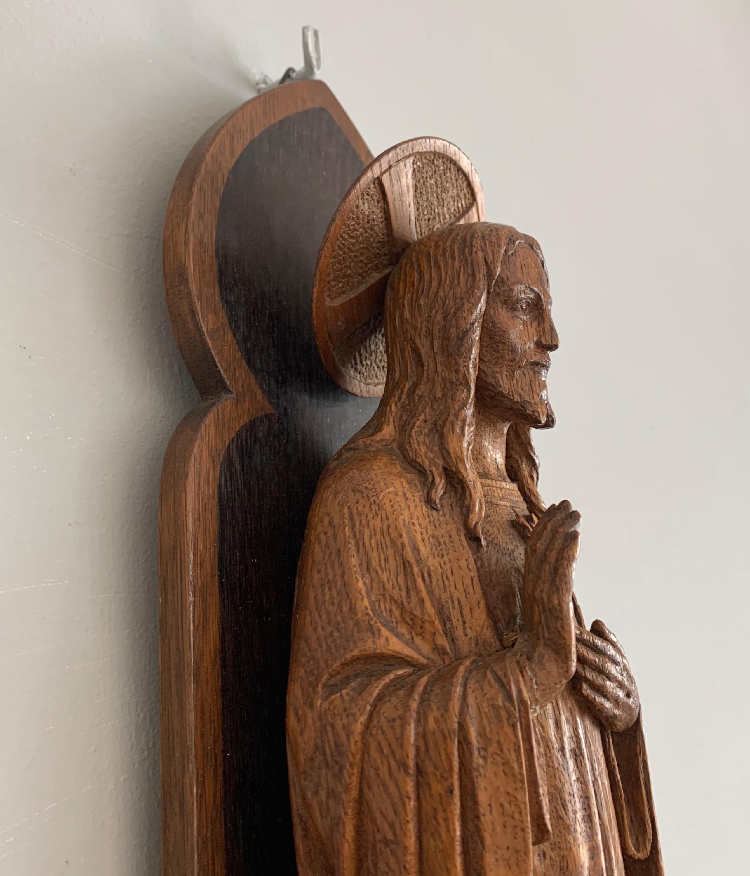 20th Century Detailed Hand Carved Oak Sacred Heart of Jesus Statue on Wall Console with Light