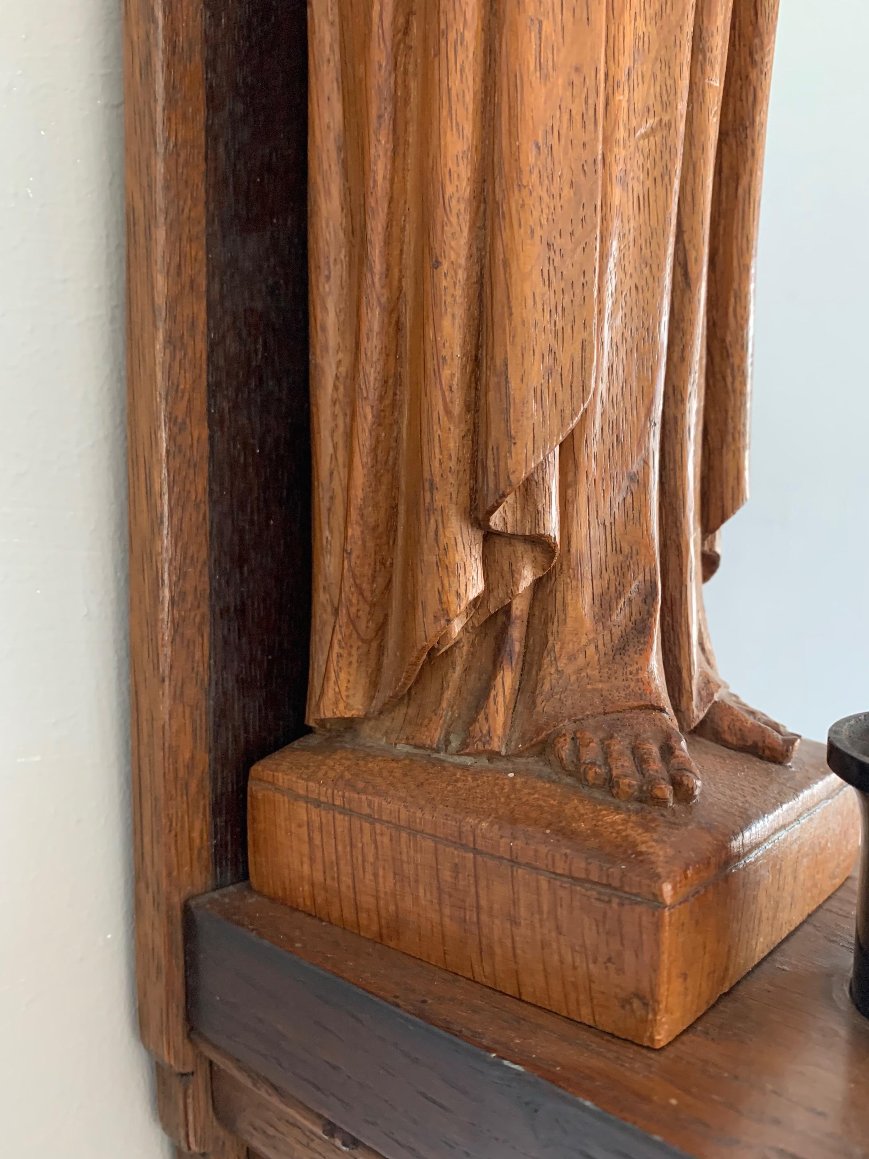 Detailed Hand Carved Oak Sacred Heart of Jesus Statue on Wall Console with Light 2