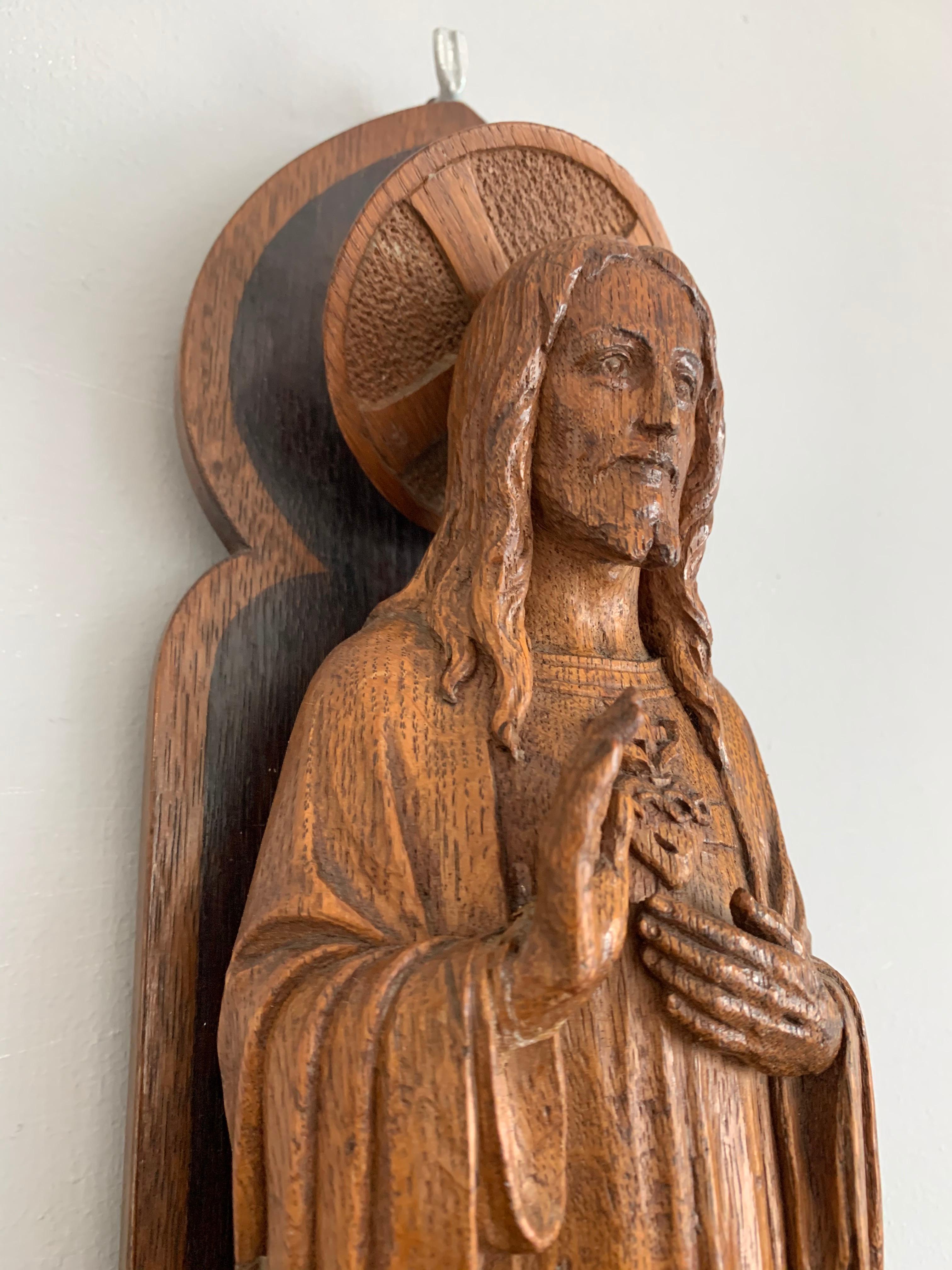Detailed Hand Carved Oak Sacred Heart of Jesus Statue on Wall Console with Light 3