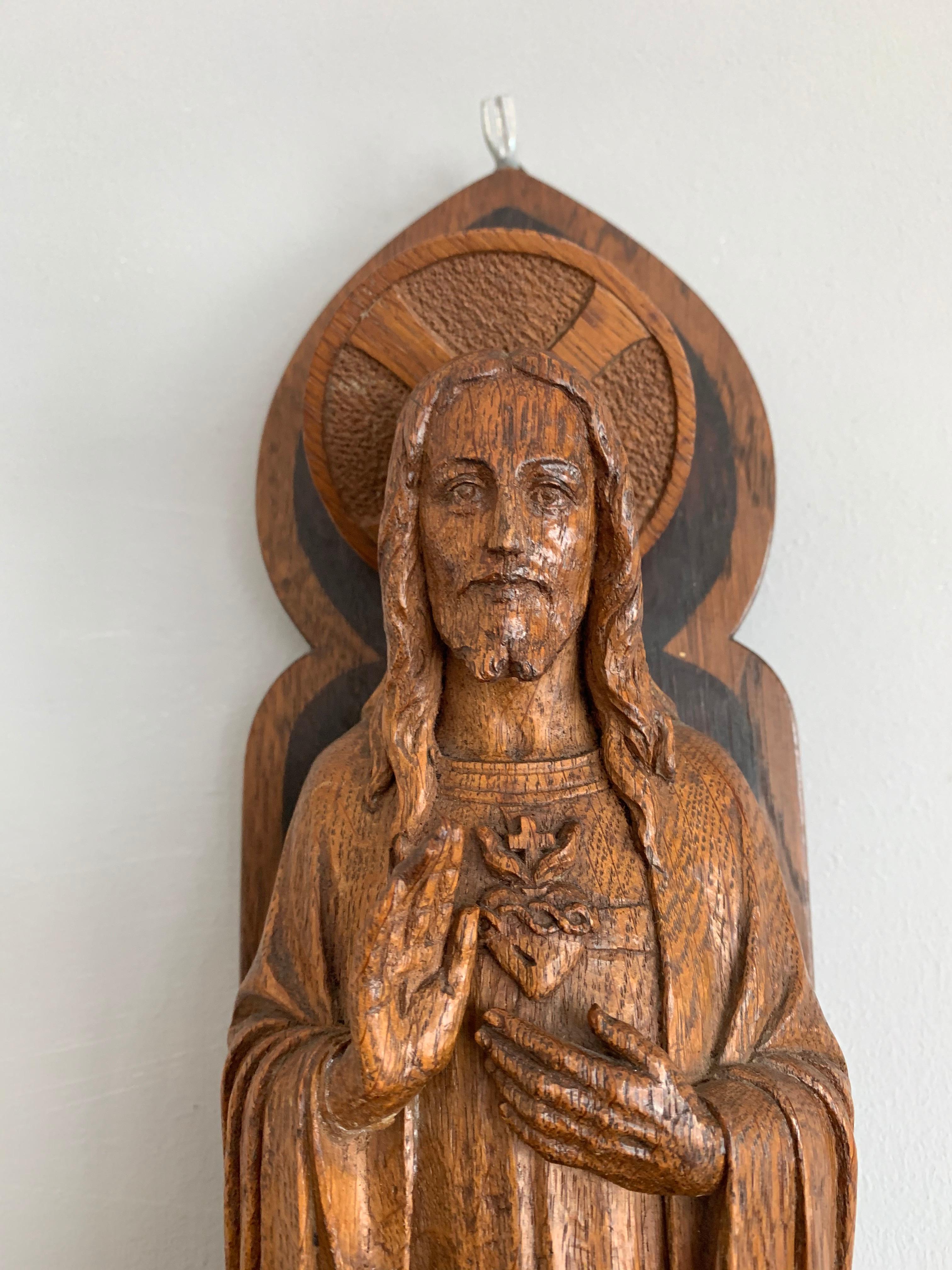 Detailed Hand Carved Oak Sacred Heart of Jesus Statue on Wall Console with Light 4