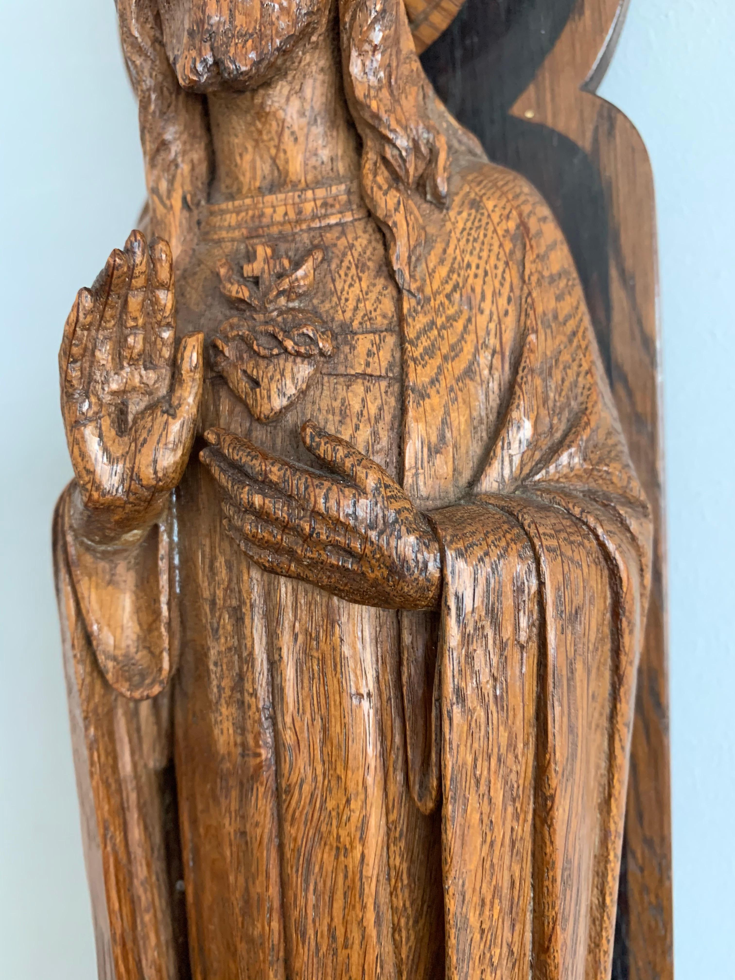 Detailed Hand Carved Oak Sacred Heart of Jesus Statue on Wall Console with Light 5